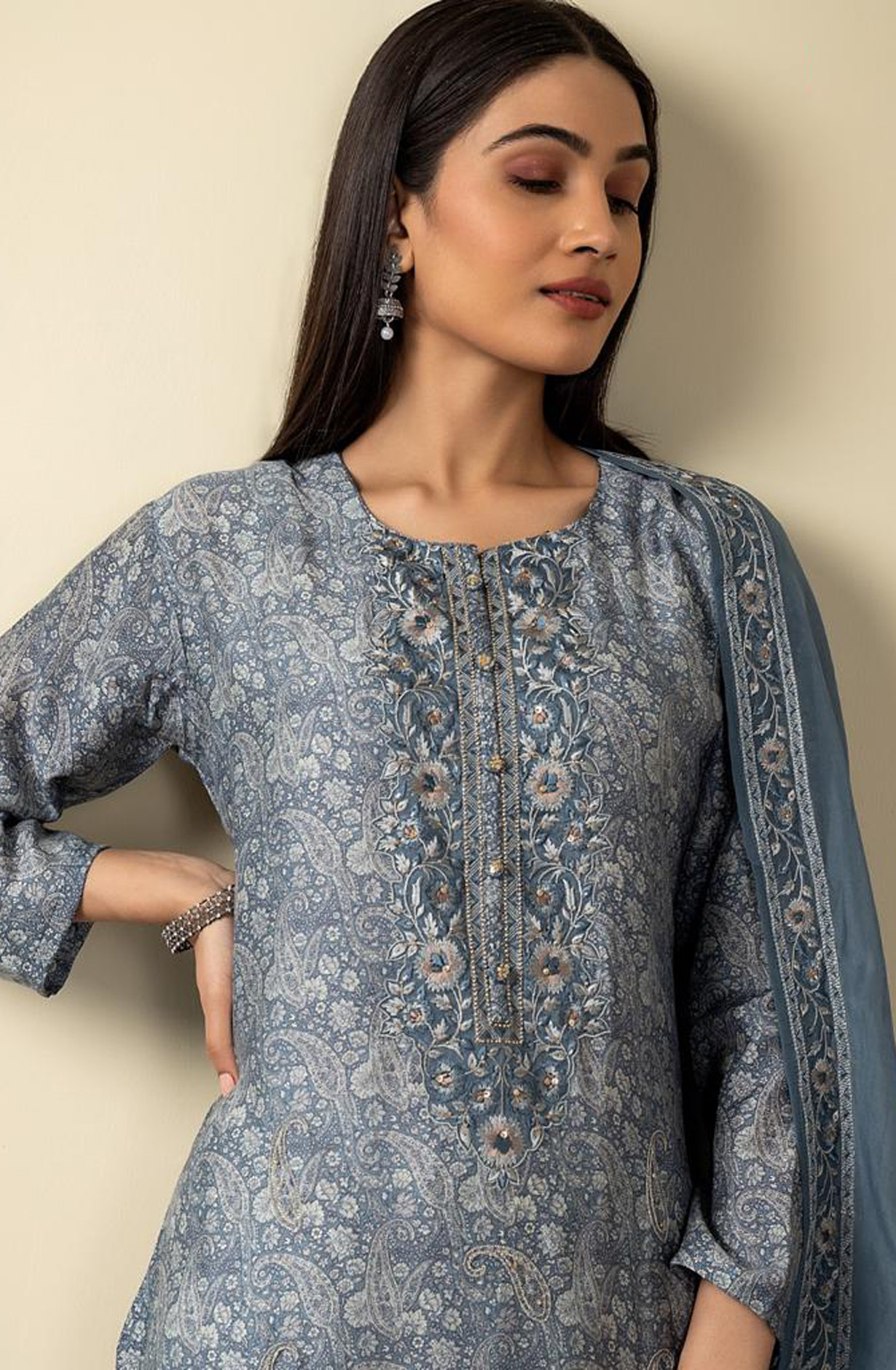 Pastel Grey Muslin Festive Wear Salwar Suit with Organza Dupatta - R157-SPR1534B