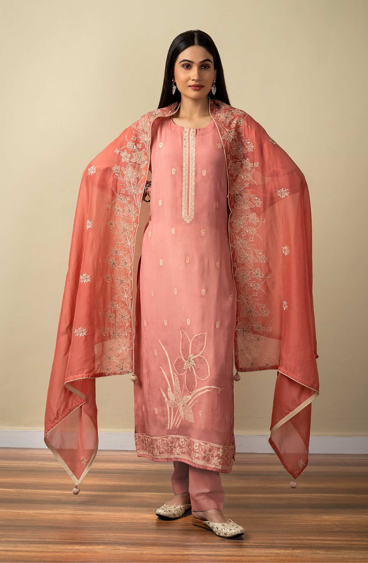 Peach Muslin Designer Festive Wear Suit with Organza Dupatta - R157-SPR1537A