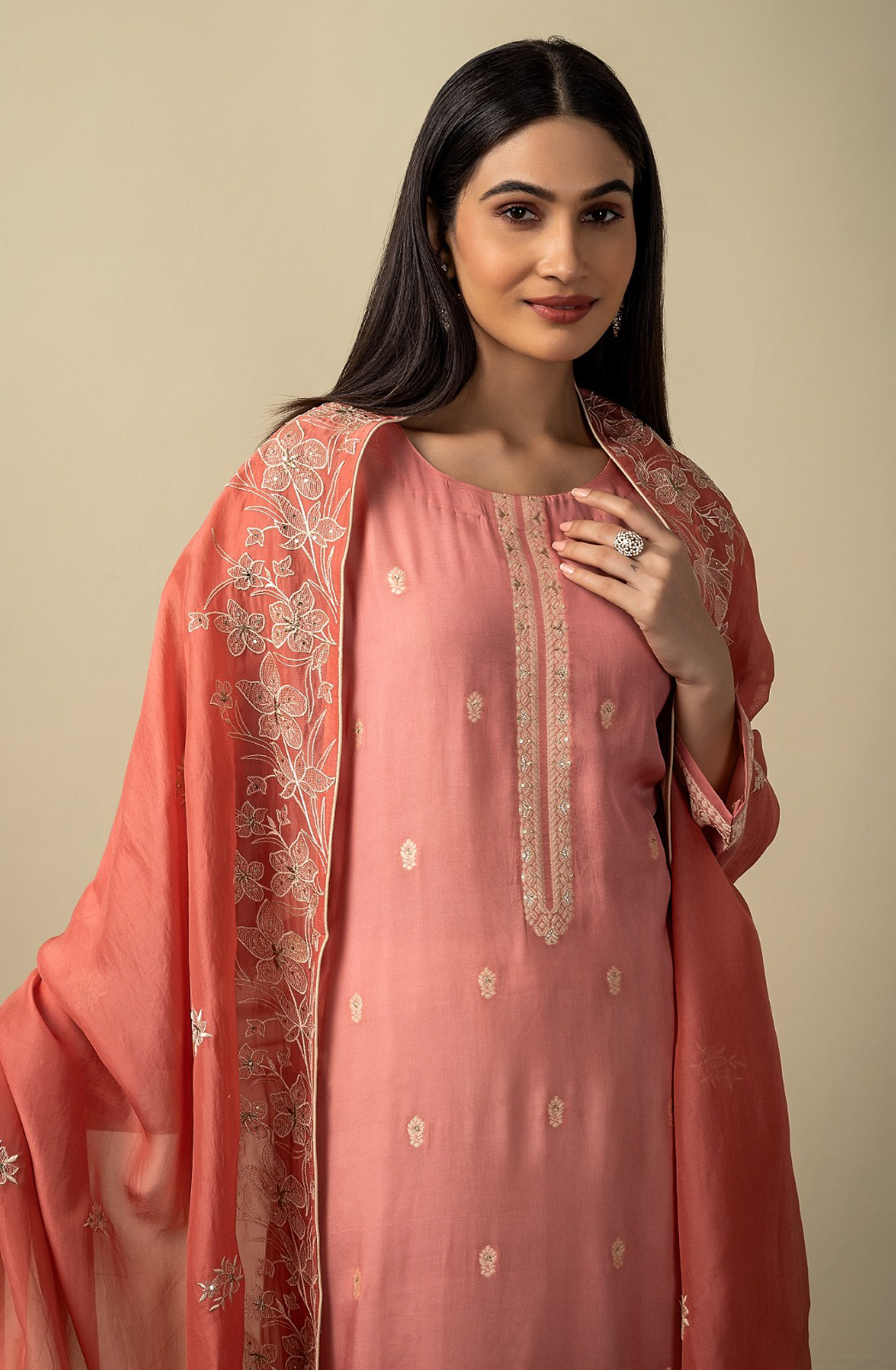 Peach Muslin Designer Festive Wear Suit with Organza Dupatta - R157-SPR1537A