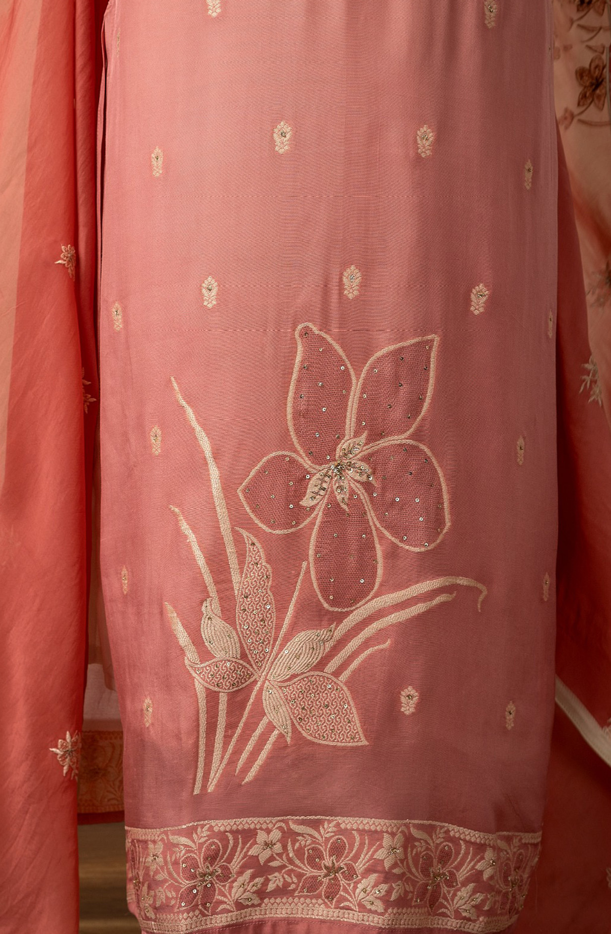 Peach Muslin Designer Festive Wear Suit with Organza Dupatta - R157-SPR1537A