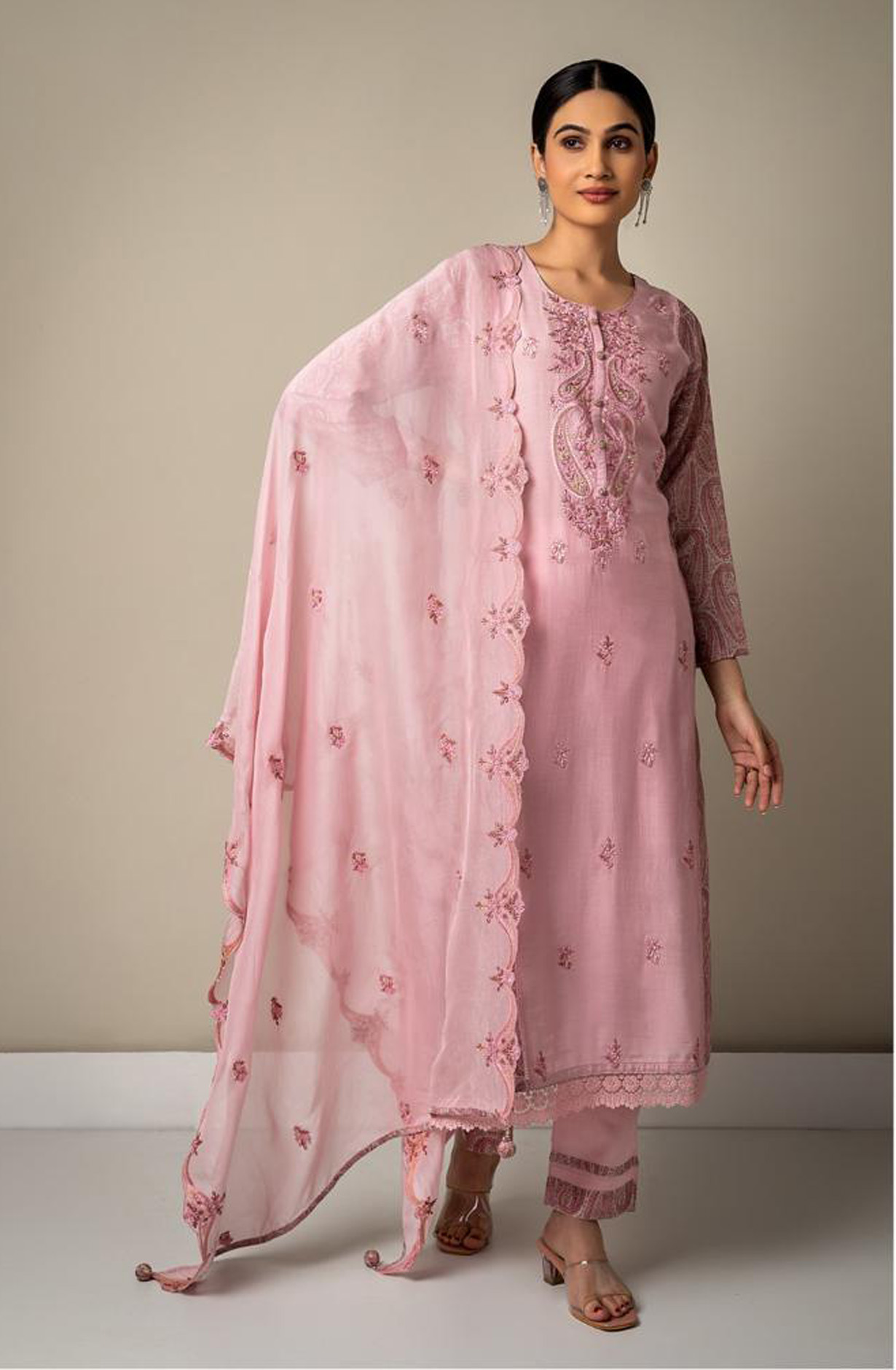 Pink Muslin Beautiful Festive Salwar Kameez with Organza Dupatta - R157-SPR1540B