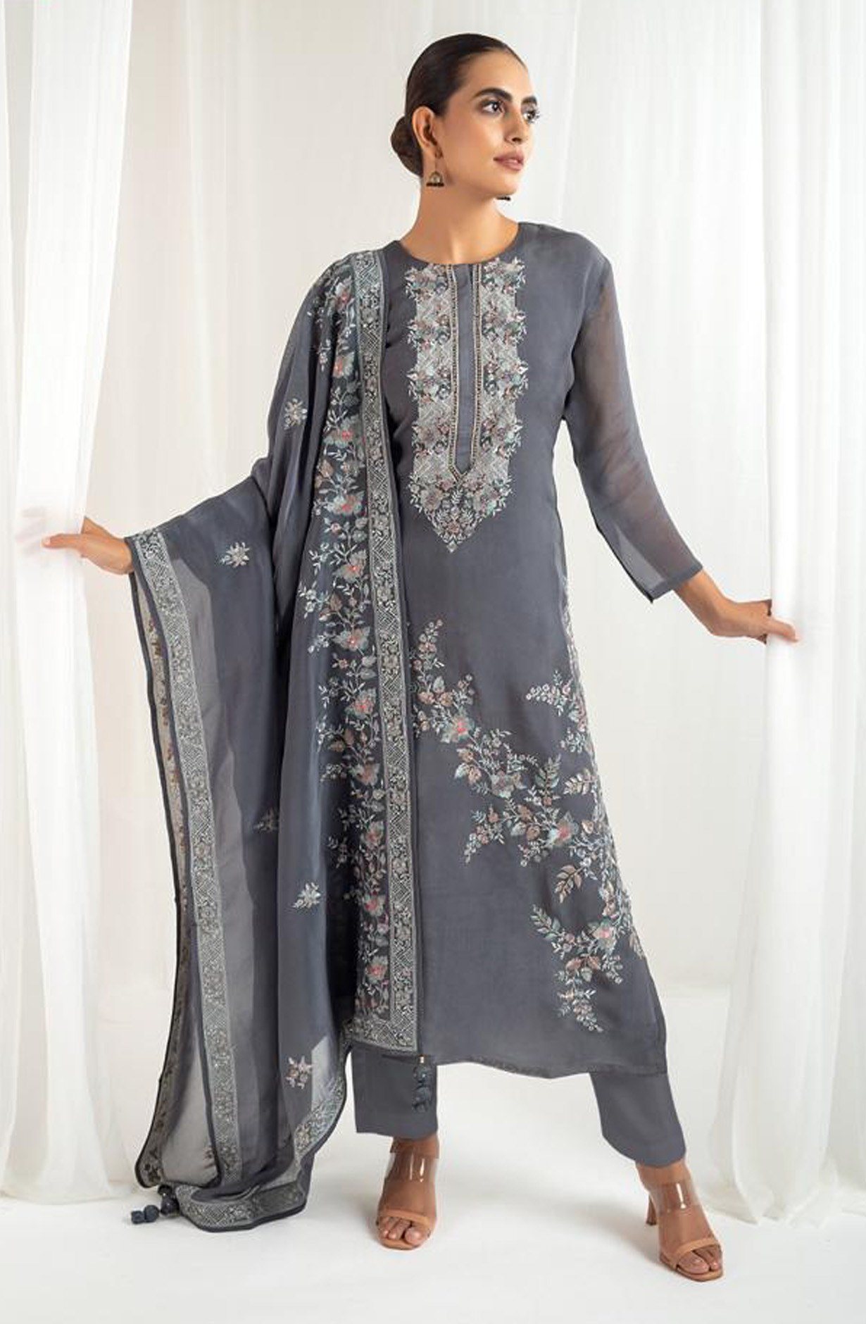 Grey Designer Organza Beautiful Embroidered Salwar Kameez with Dupatta - R157-SPR1541B