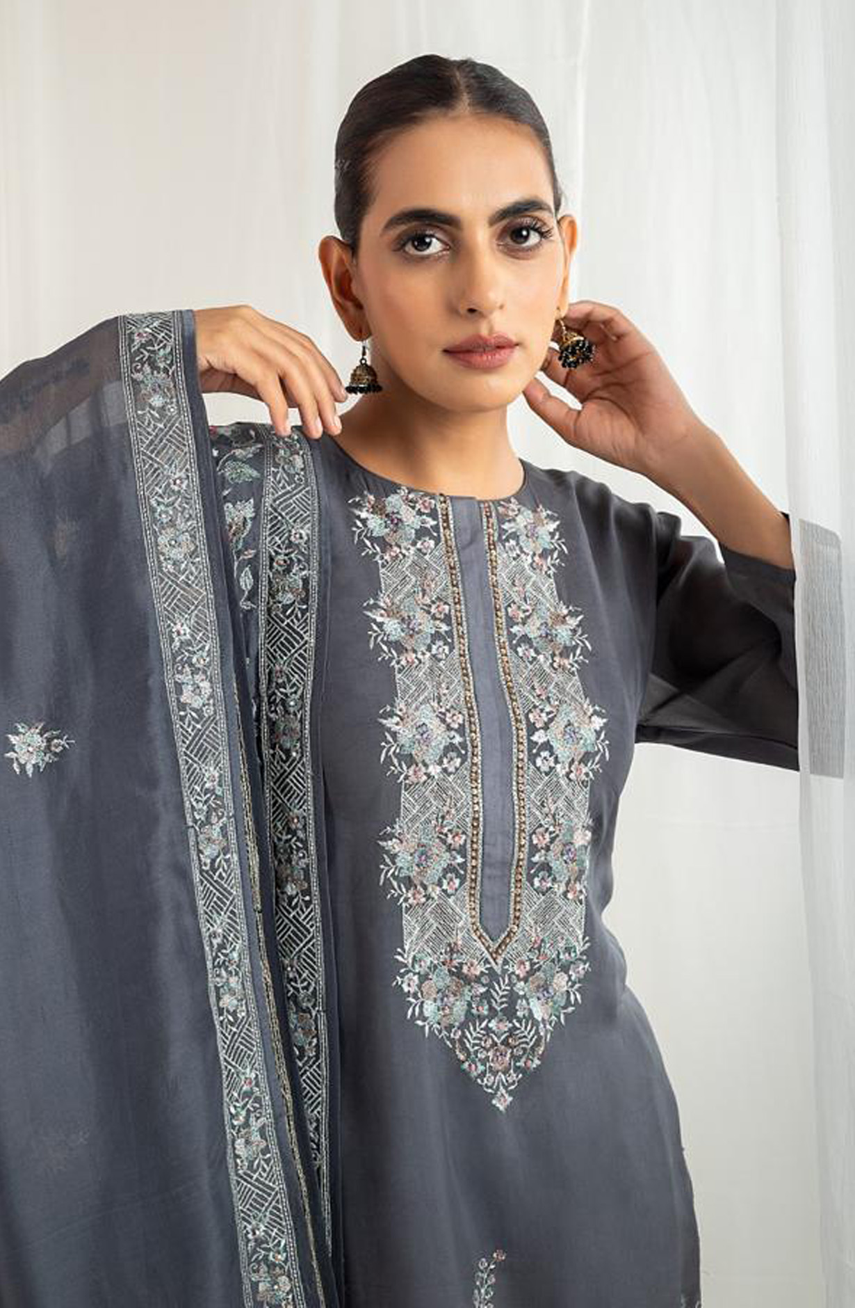 Grey Designer Organza Beautiful Embroidered Salwar Kameez with Dupatta - R157-SPR1541B