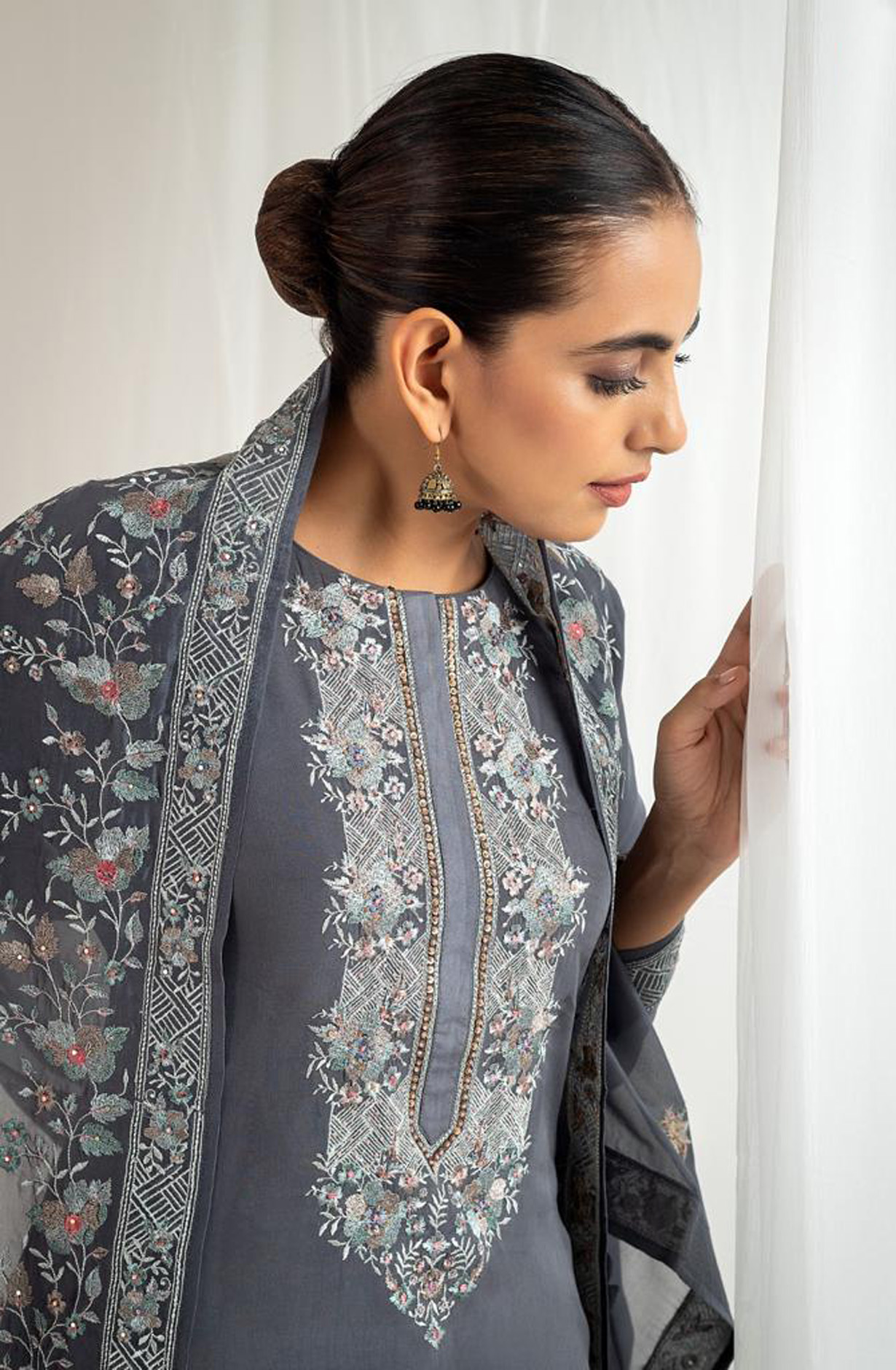 Grey Designer Organza Beautiful Embroidered Salwar Kameez with Dupatta - R157-SPR1541B