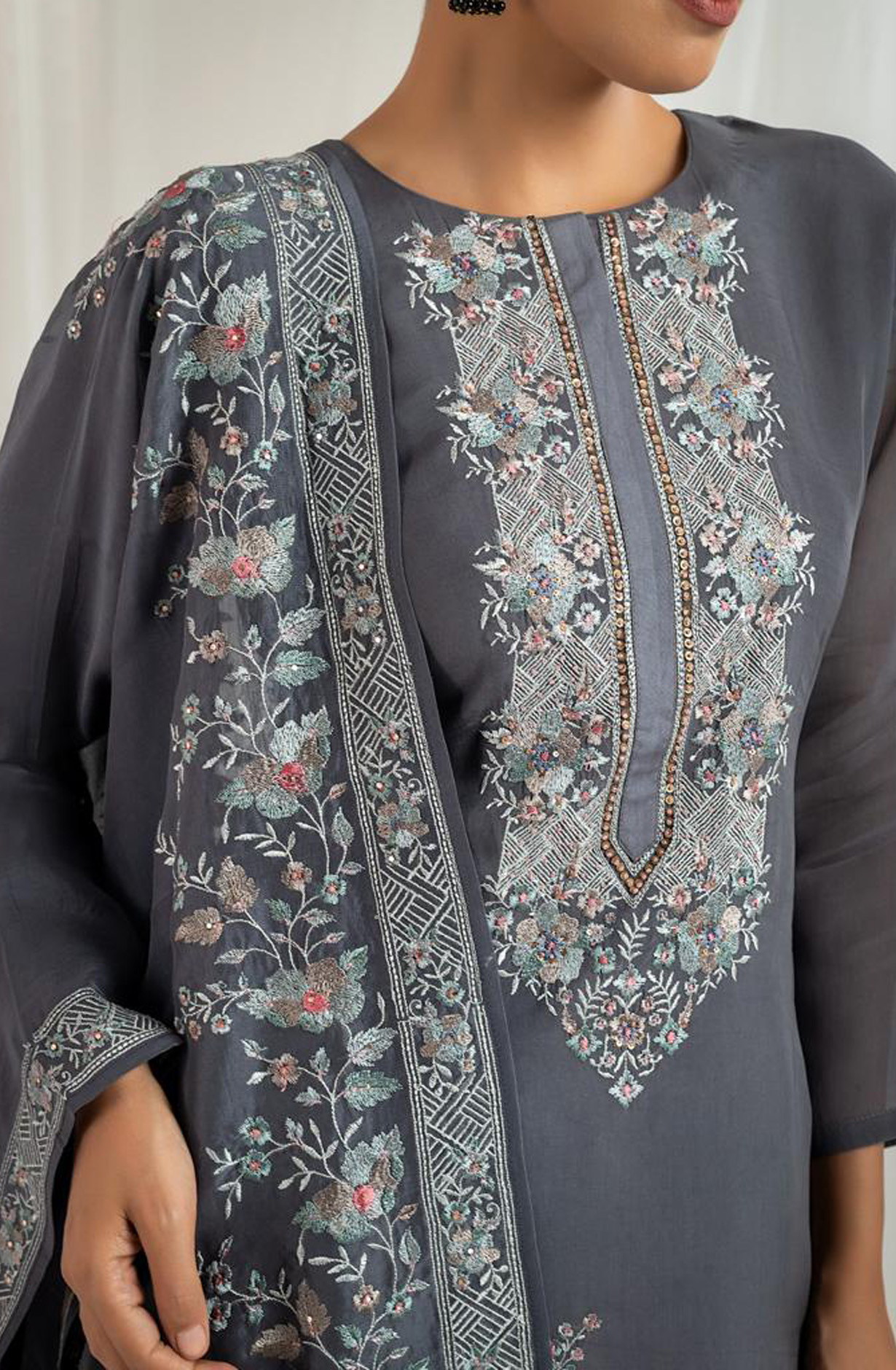Grey Designer Organza Beautiful Embroidered Salwar Kameez with Dupatta - R157-SPR1541B