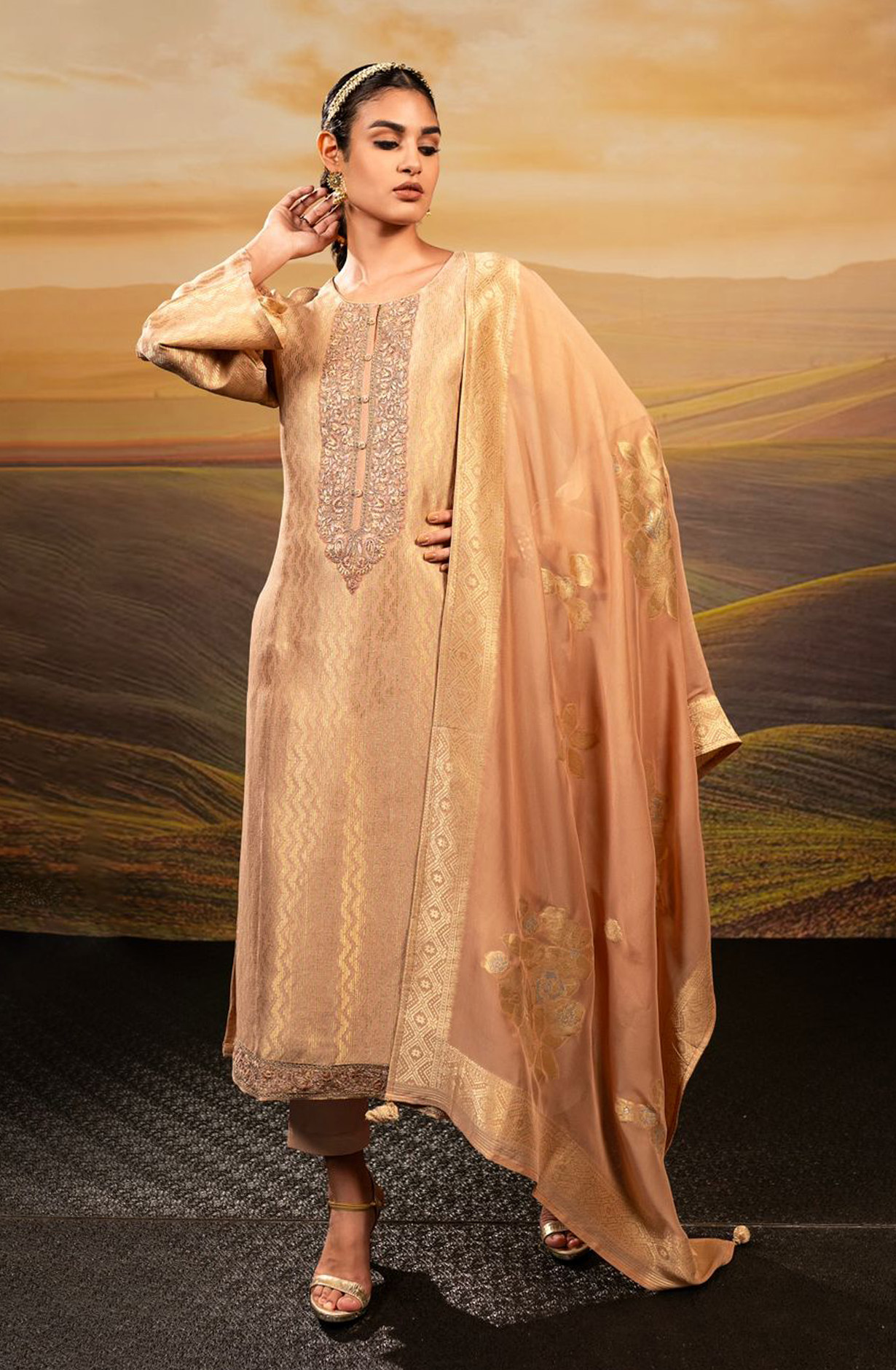 Peach Beautiful Festive Silk Salwar Suit with Organza Dupatta - R157-SPR1548A