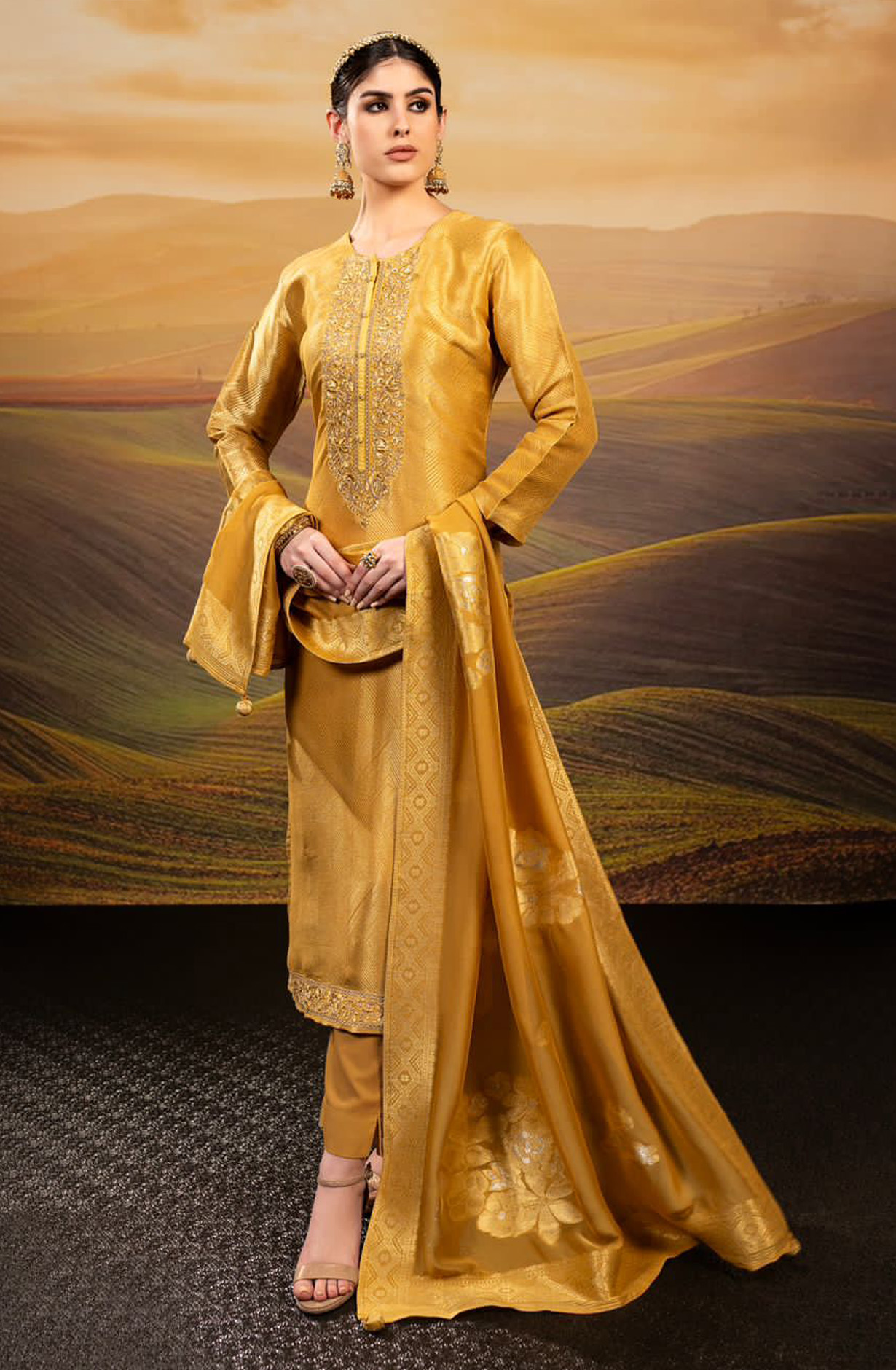 Mustard Yellow Beautiful Festive Silk Salwar Suit with Organza Dupatta - R157-SPR1548B