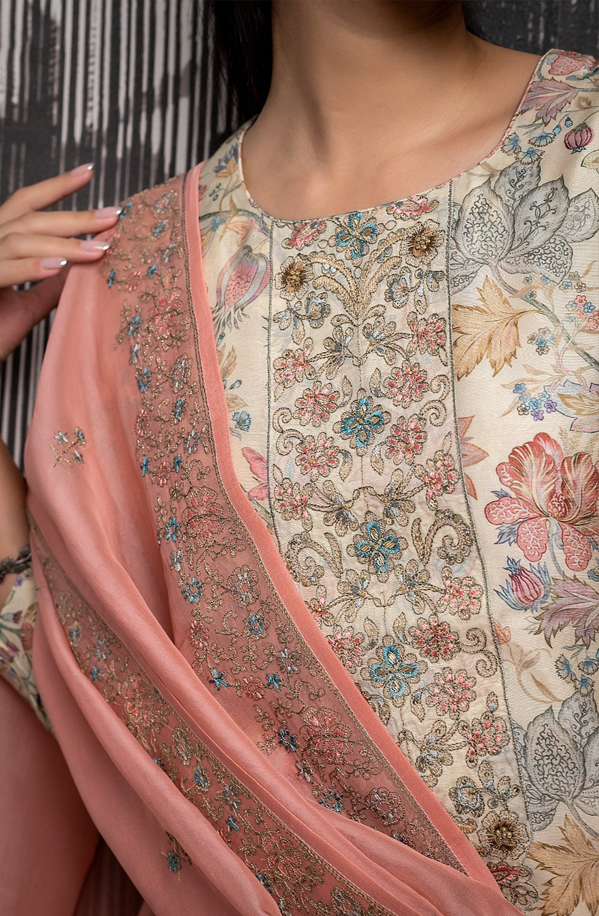 Multi-coloured Muslin Festive Wear Salwar Suit with Organza Dupatta - R157-SPR1562