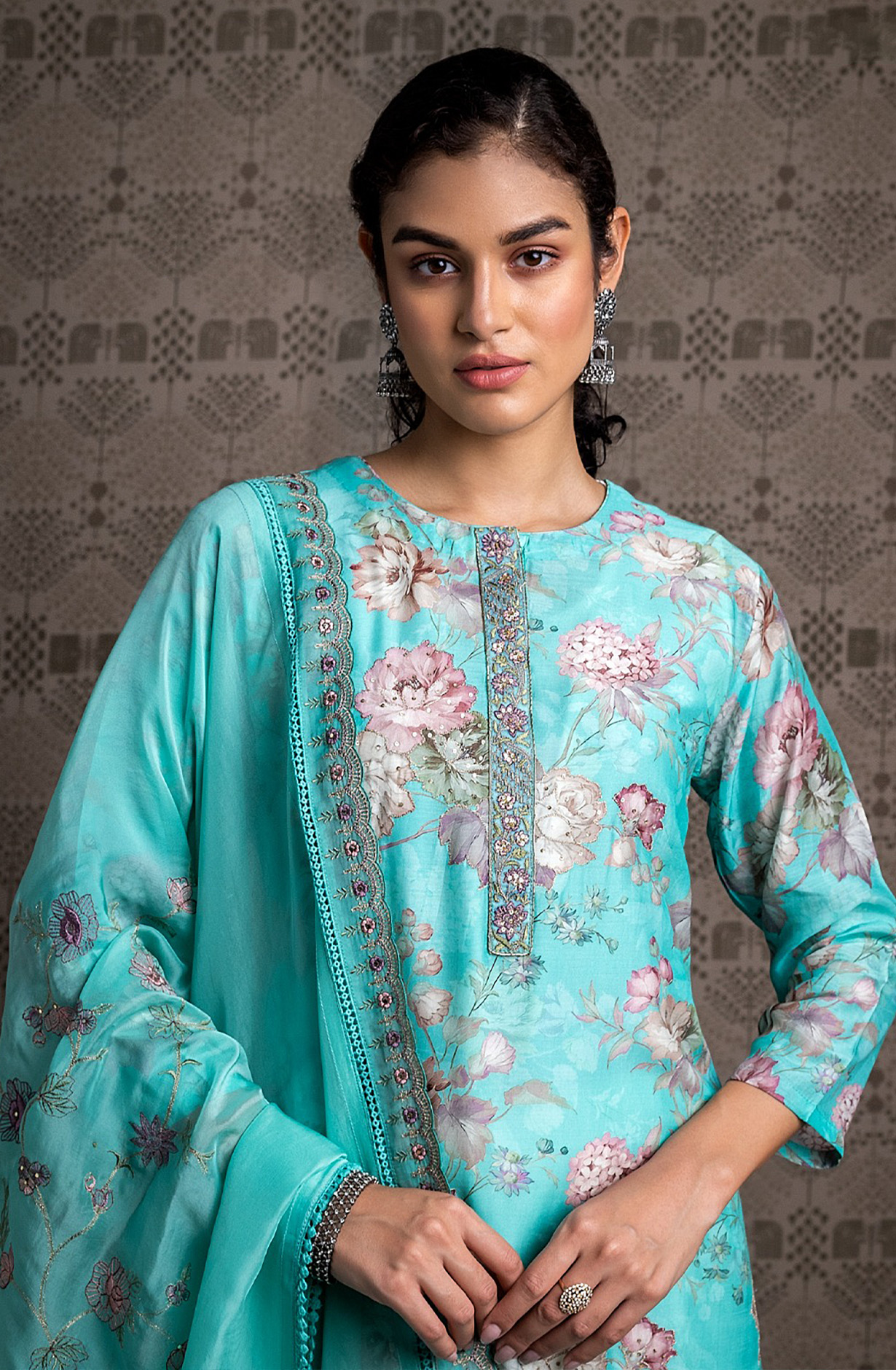 Turquoise Muslin Festive Wear Salwar Suit with Organza Dupatta - R157-SPR1568