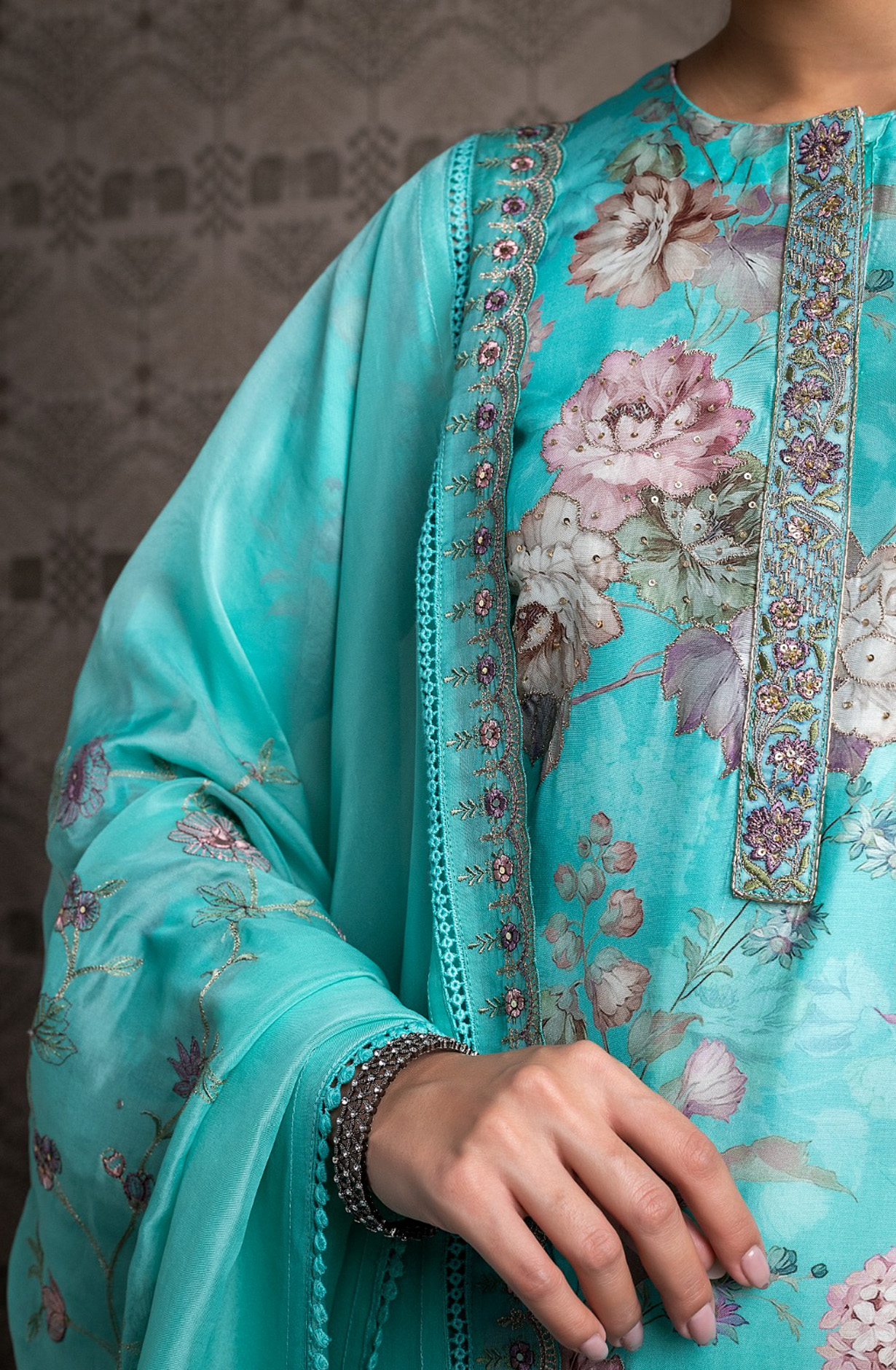 Turquoise Muslin Festive Wear Salwar Suit with Organza Dupatta - R157-SPR1568