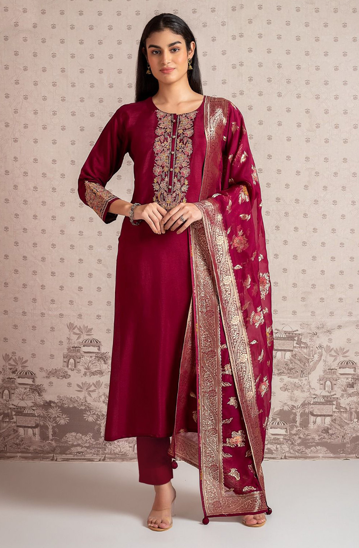 Maroon Beautiful Russian Silk Salwar Kameez with Organza Dupatta - R157-SPR1573A