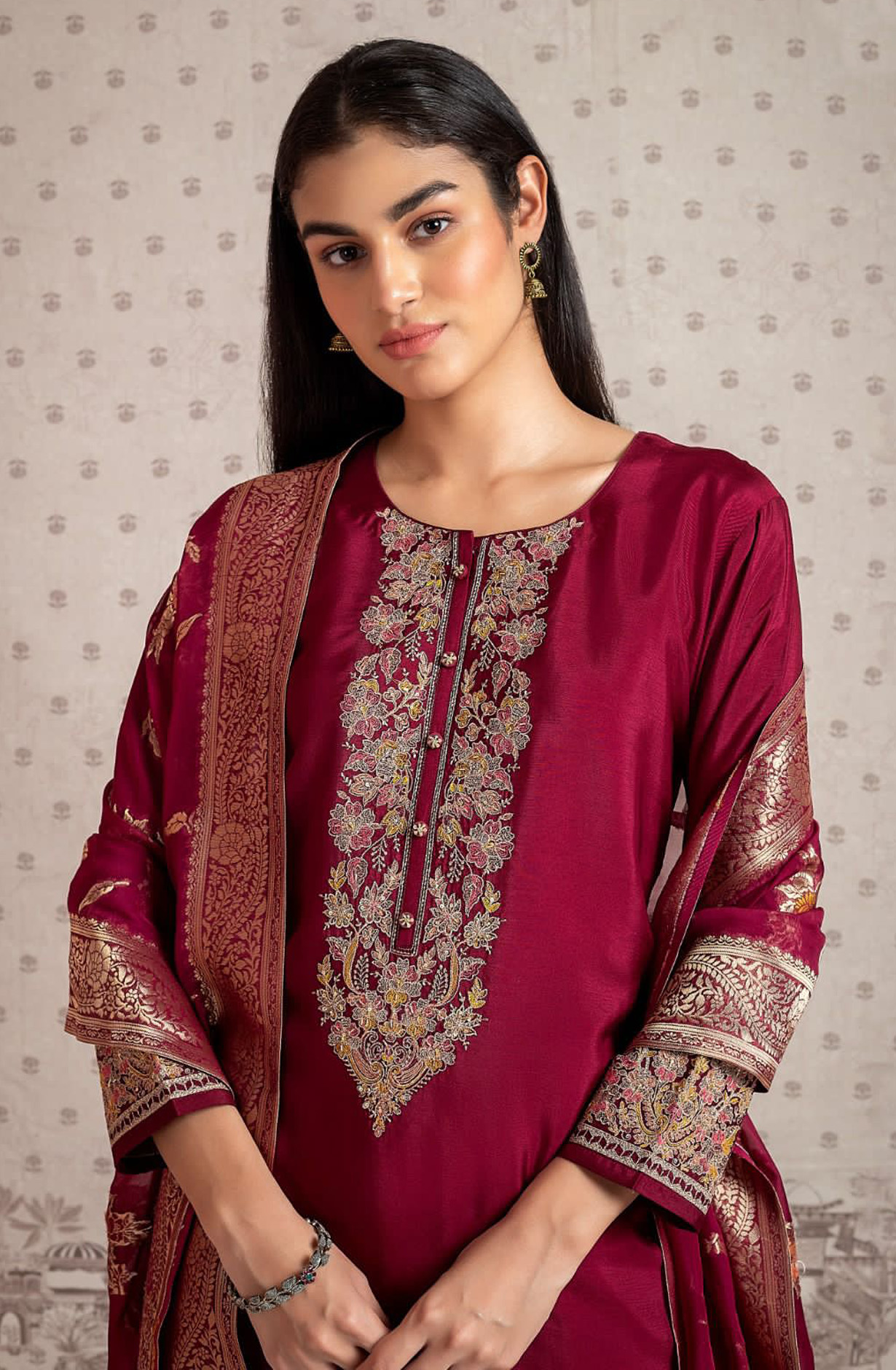 Maroon Beautiful Russian Silk Salwar Kameez with Organza Dupatta - R157-SPR1573A