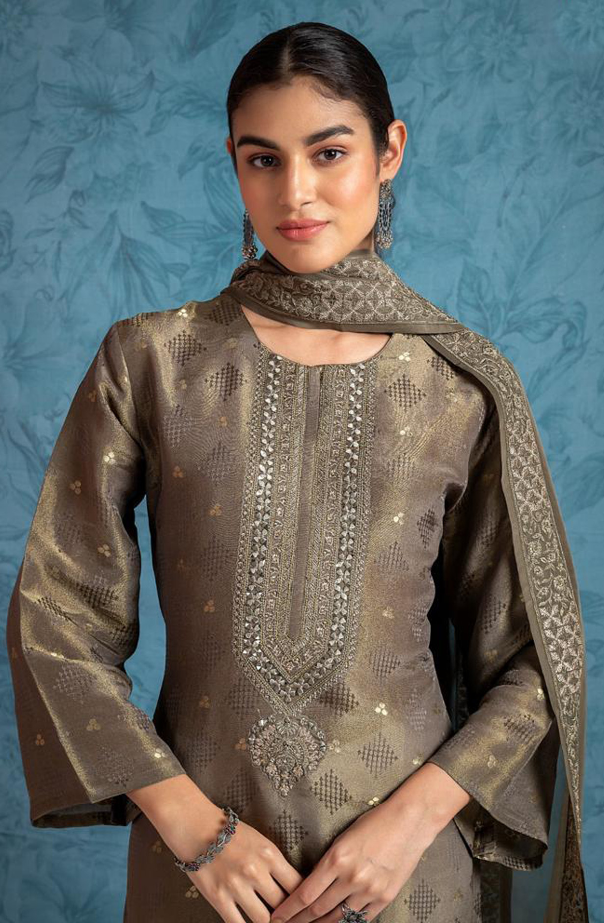 Olive Green Designer Silk Festive Salwar Kameez with Organza Dupatta - R157-SPR1577B