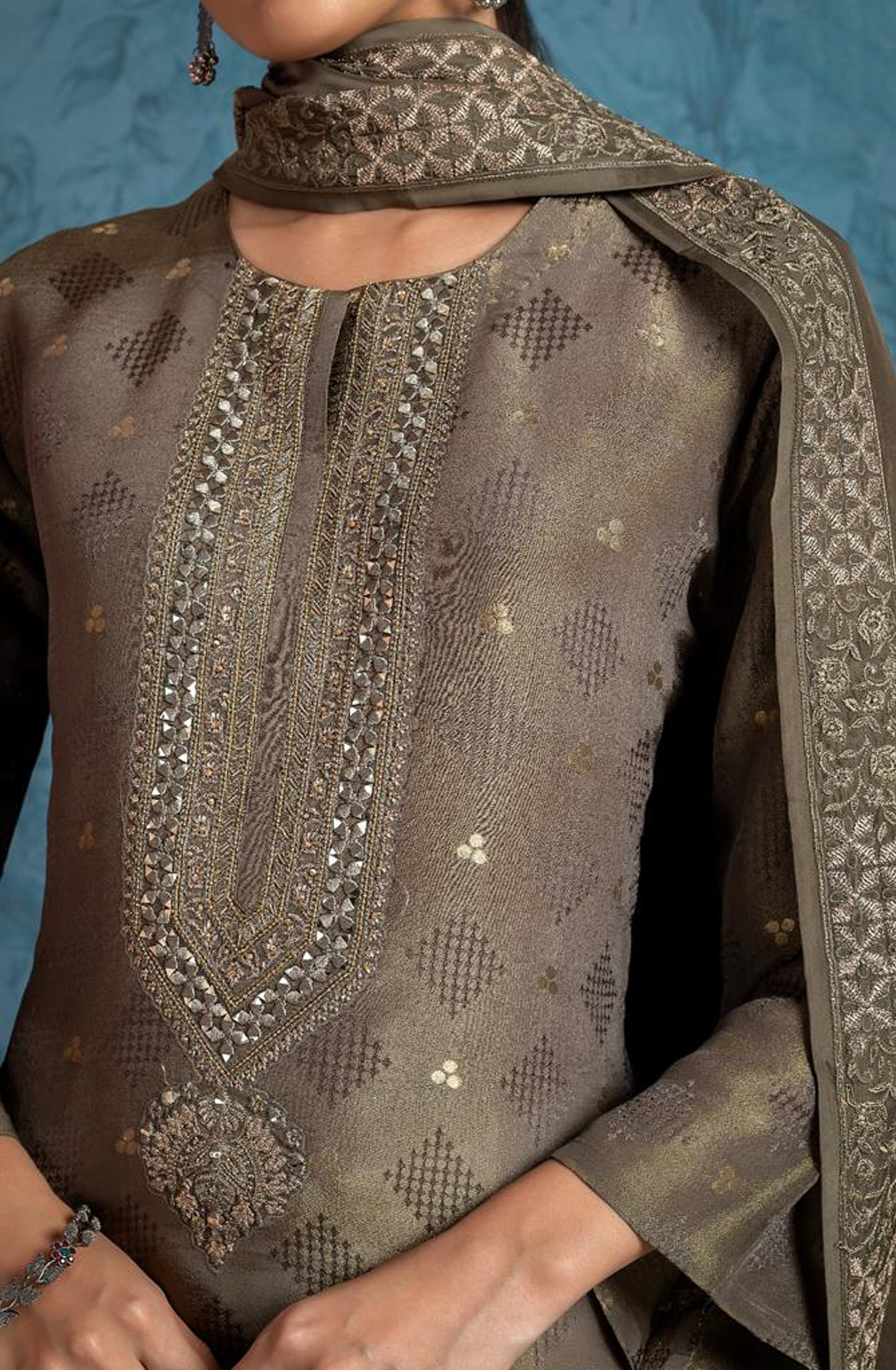 Olive Green Designer Silk Festive Salwar Kameez with Organza Dupatta - R157-SPR1577B