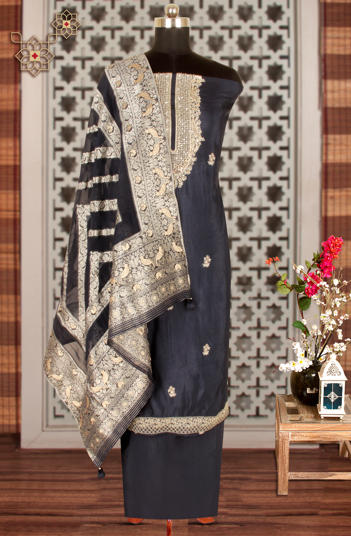 Blue Beautiful Silk Unstitched Salwar Kameez with Organza Dupatta - R157-SPR1591A