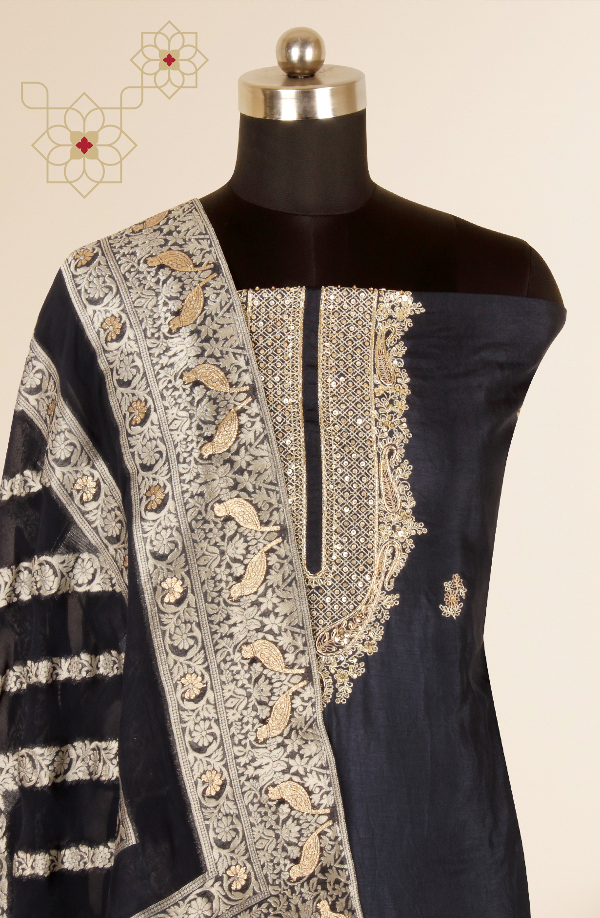 Blue Beautiful Silk Unstitched Salwar Kameez with Organza Dupatta - R157-SPR1591A