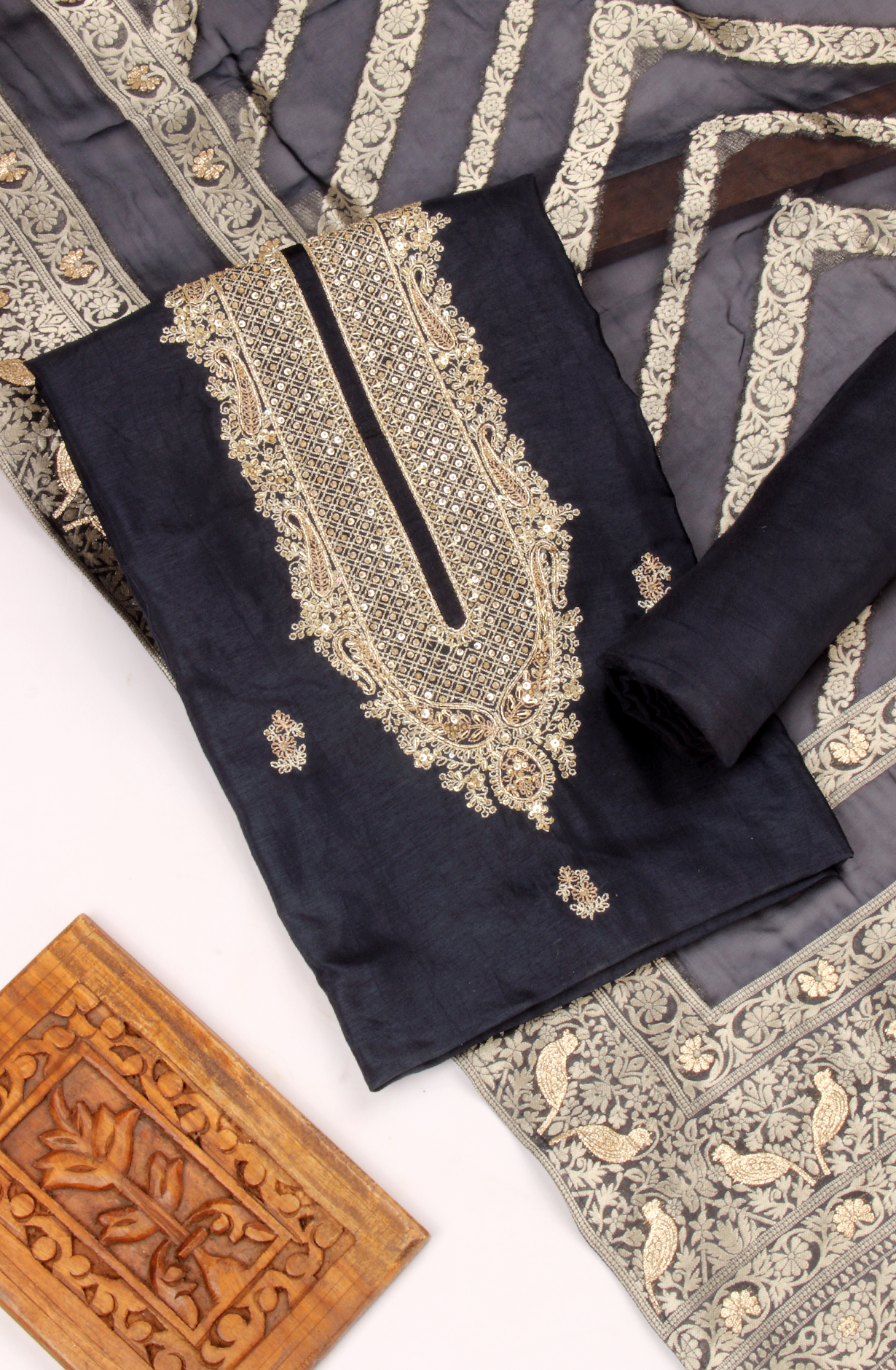 Blue Beautiful Silk Unstitched Salwar Kameez with Organza Dupatta - R157-SPR1591A