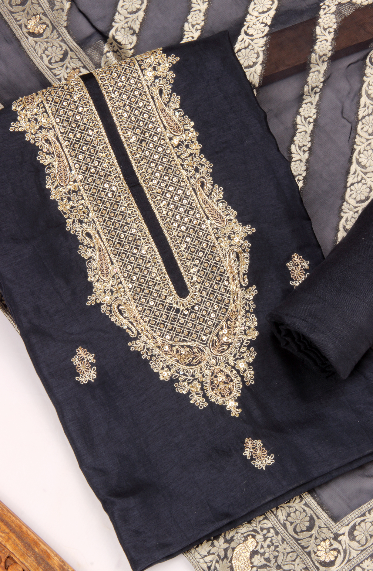 Blue Beautiful Silk Unstitched Salwar Kameez with Organza Dupatta - R157-SPR1591A