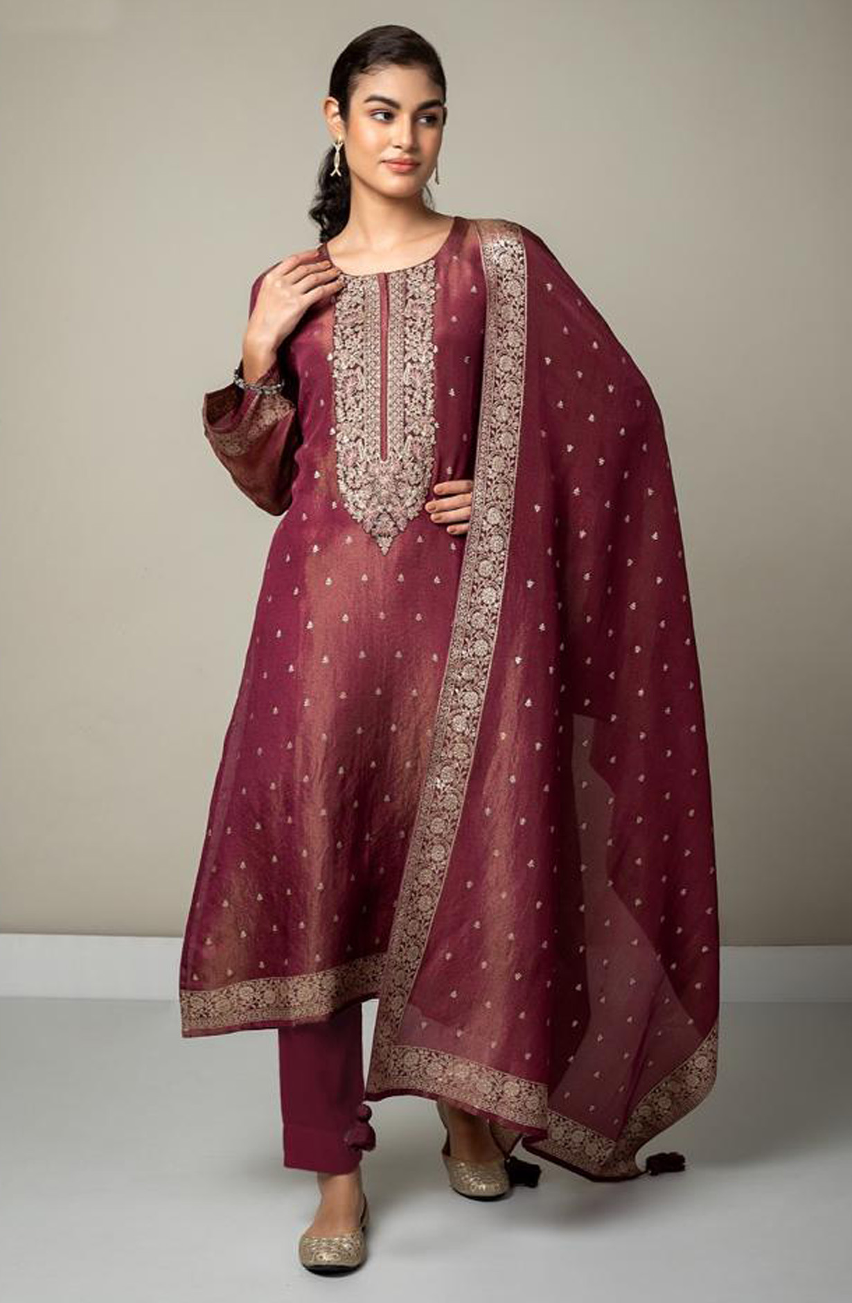 Designer Maroon Tissue Silk Festive Wear Suit-sets - R157-SPR1592A