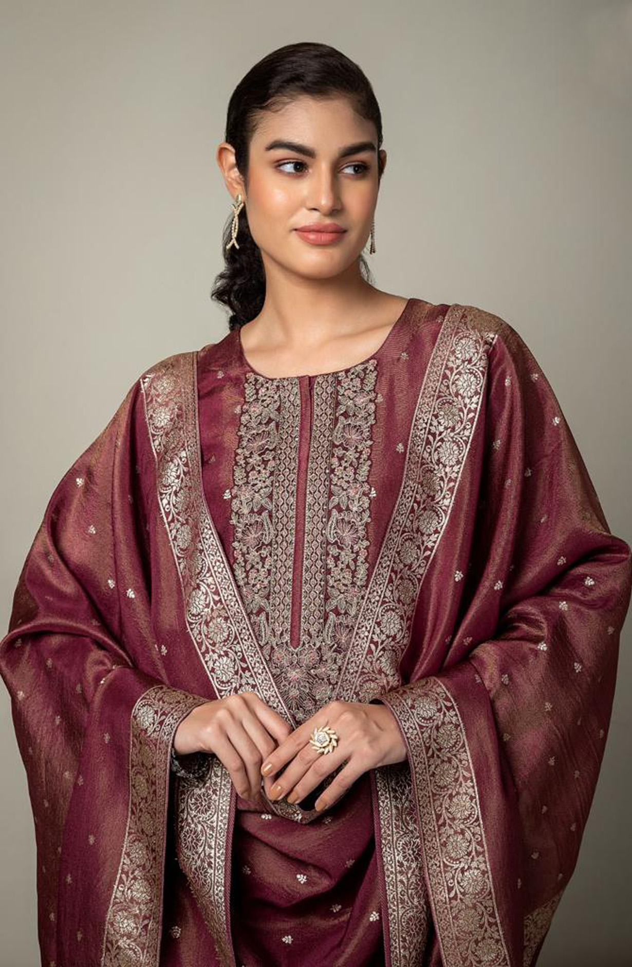 Designer Maroon Tissue Silk Festive Wear Suit-sets - R157-SPR1592A