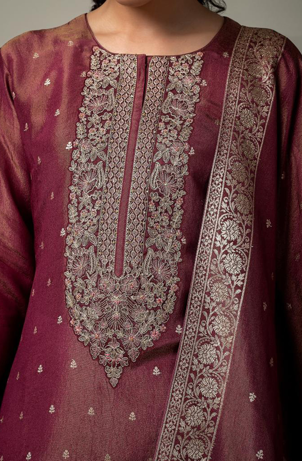 Designer Maroon Tissue Silk Festive Wear Suit-sets - R157-SPR1592A