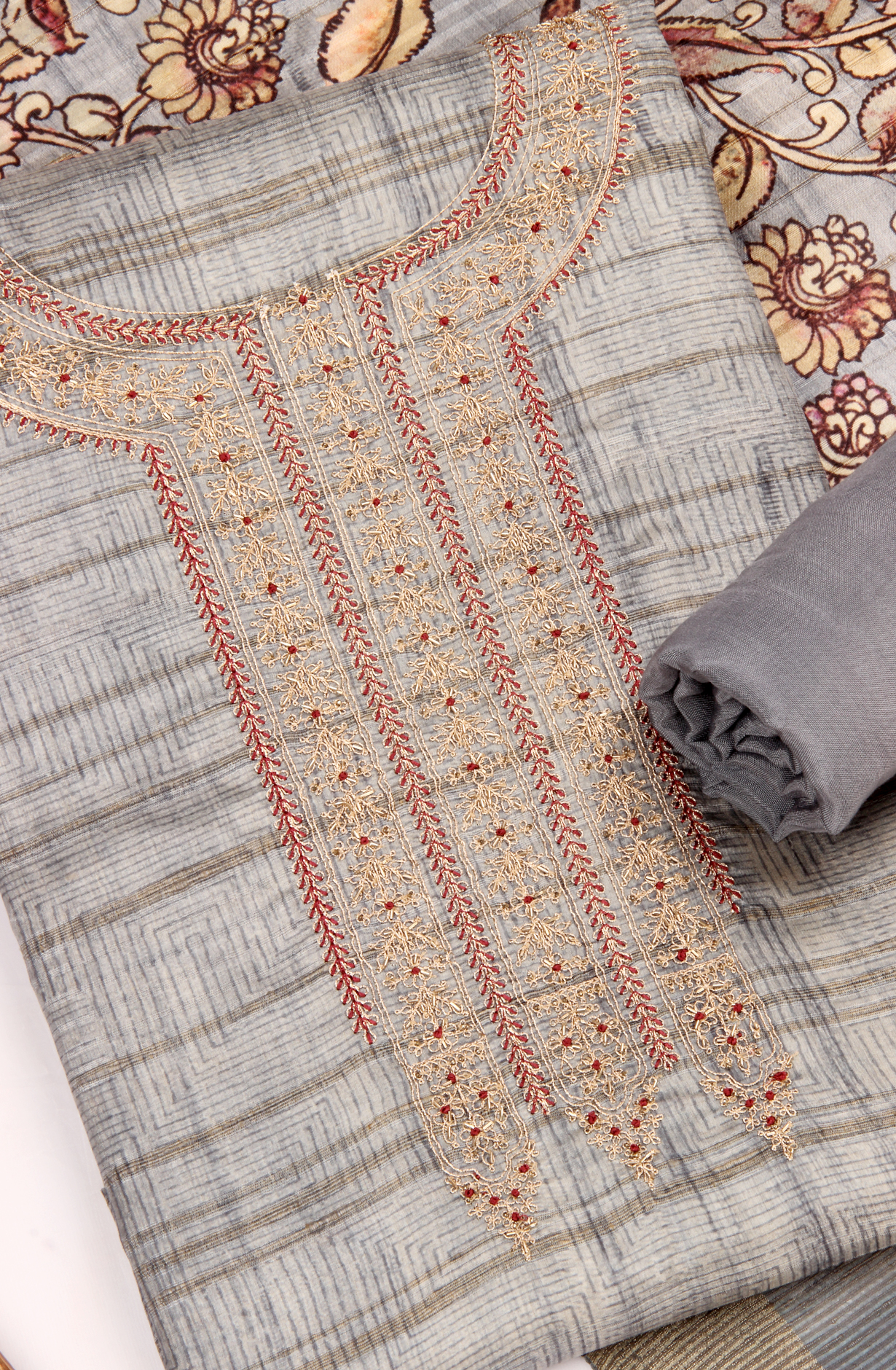 Grey Beautiful Silk Unstitched Salwar Kameez - R157-SPR1600B