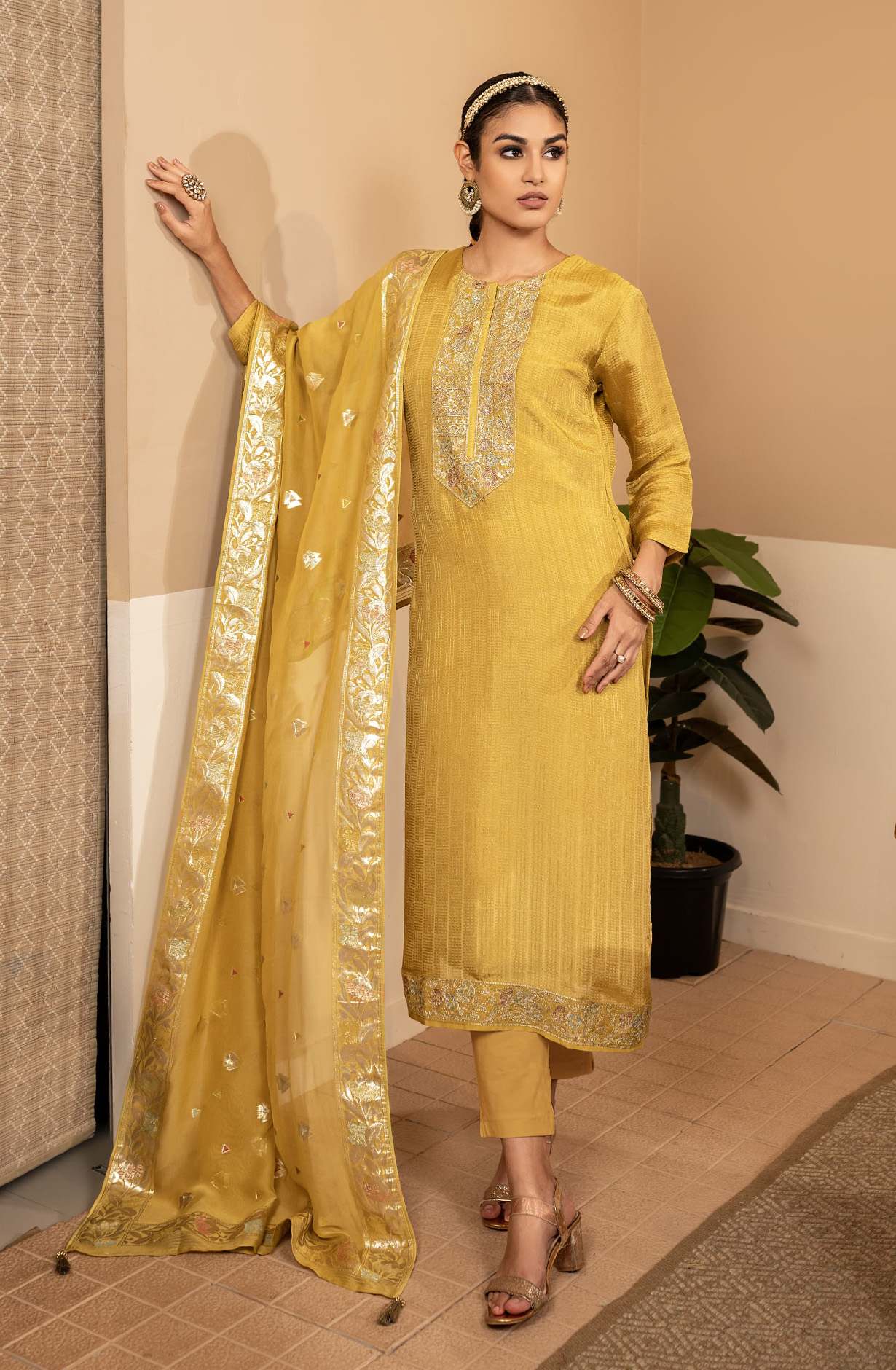 Mustard Yellow Designer Tissue Silk Festive Wear Suit with Organza Dupatta - R157-SPR1608A