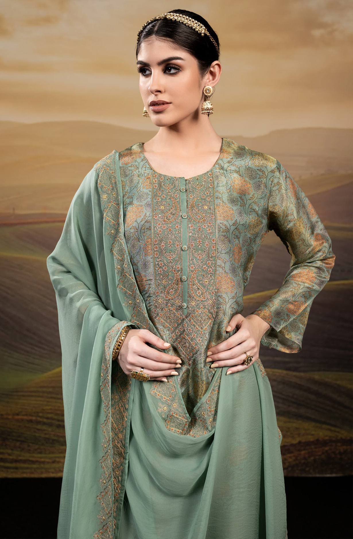 Designer Pastel Green Tissue Silk Festive Wear Suit with Organza Dupatta - R157-SPR1609B