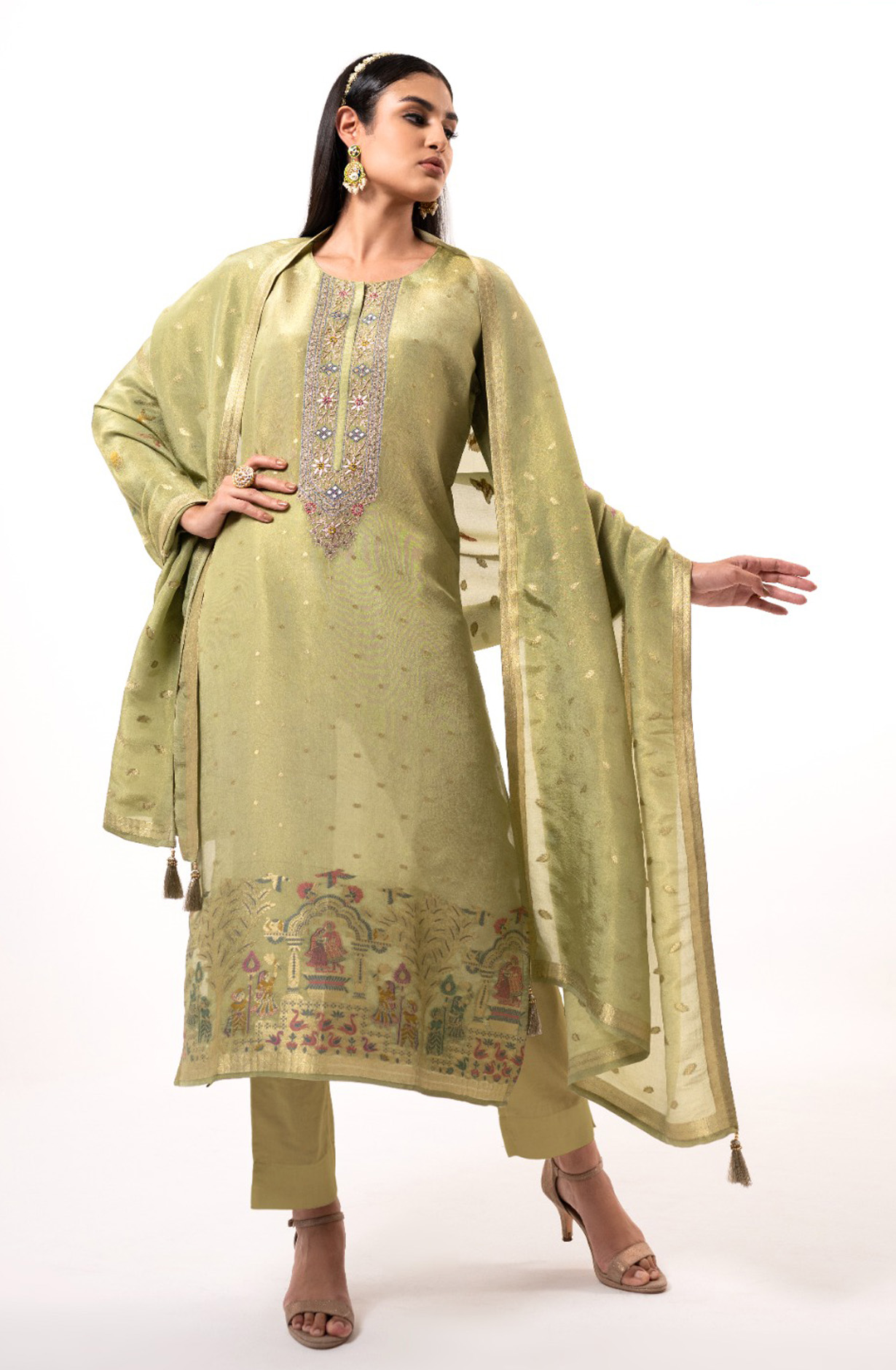 Parrot Green Designer Tissue Silk Festive Wear Suit with Organza Silk Dupatta - R157-SPR1615