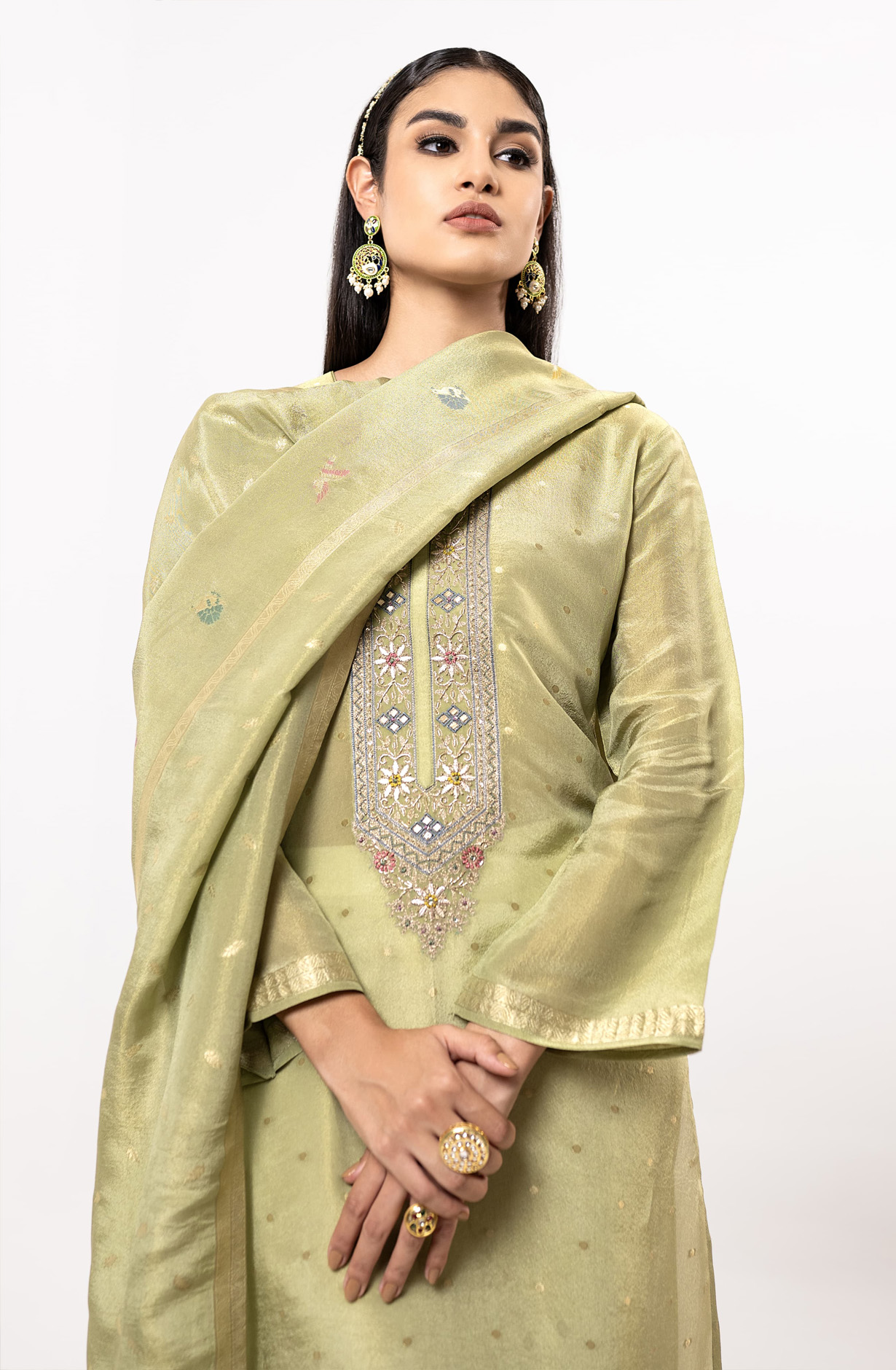 Parrot Green Designer Tissue Silk Festive Wear Suit with Organza Silk Dupatta - R157-SPR1615