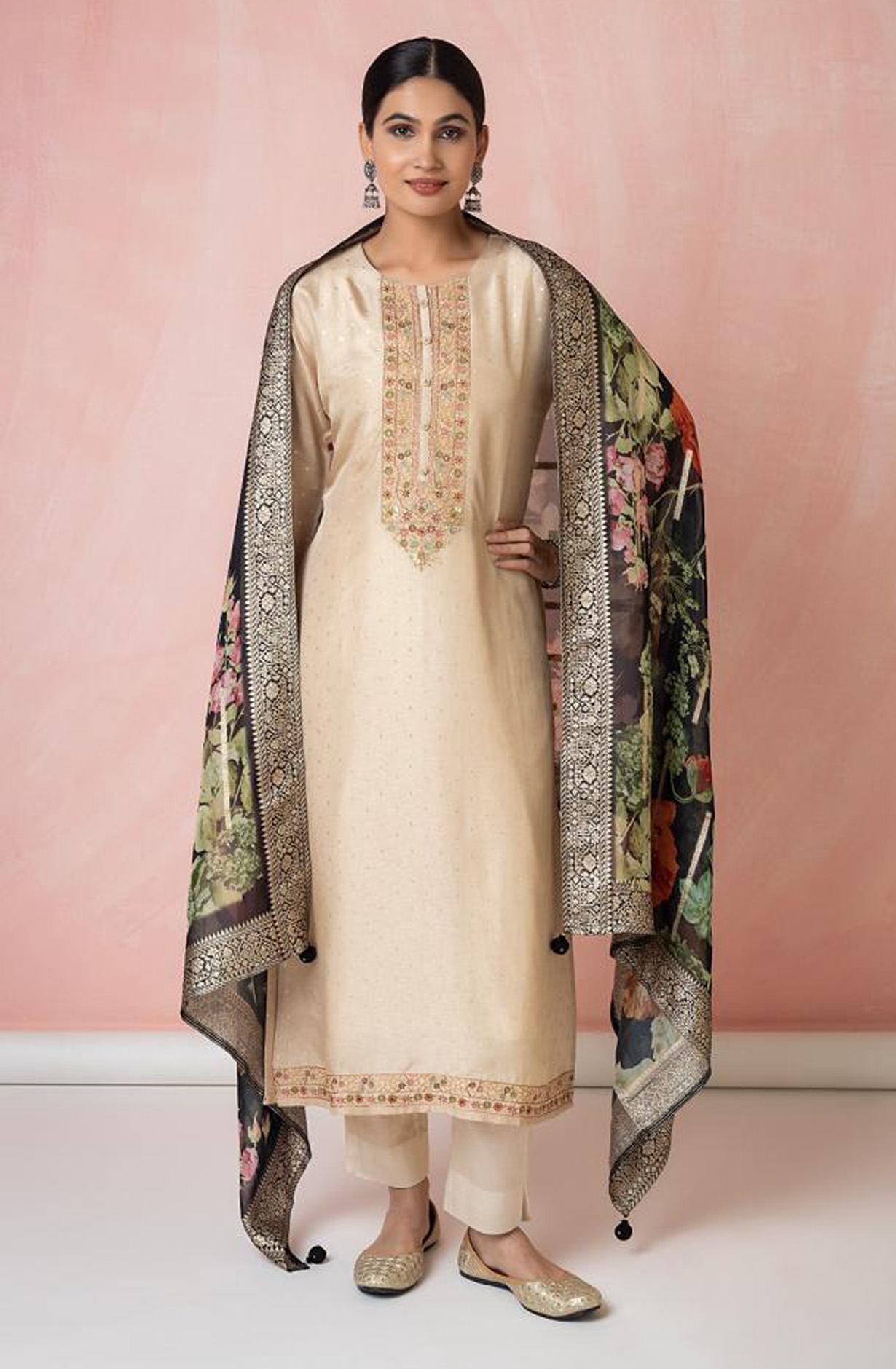 Beige Designer Silk Festive Salwar Kameez with Organza Dupatta - R157-SPR1618