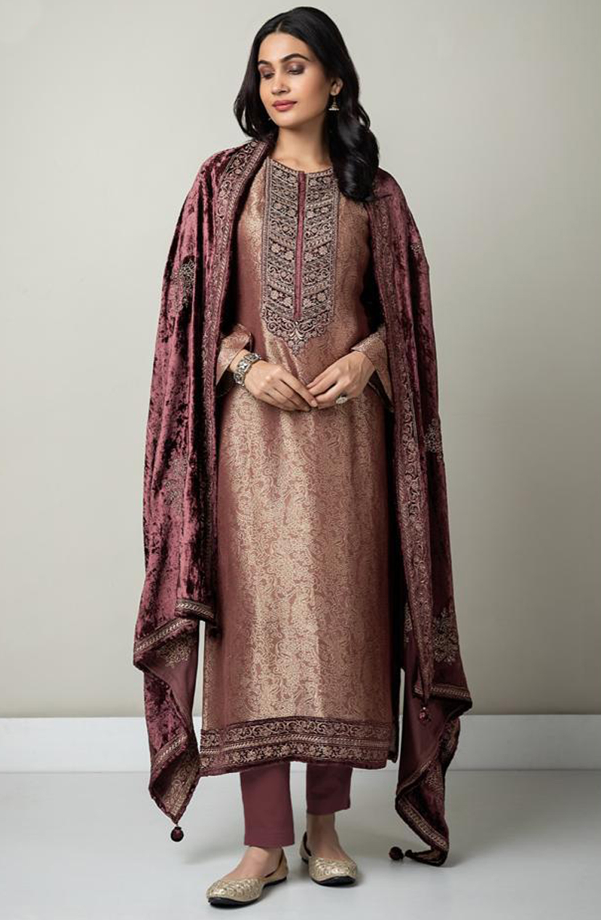 Brown Tissue Silk Salwaar Kameez with Embroidery and Handwork - R157-SPR1649A