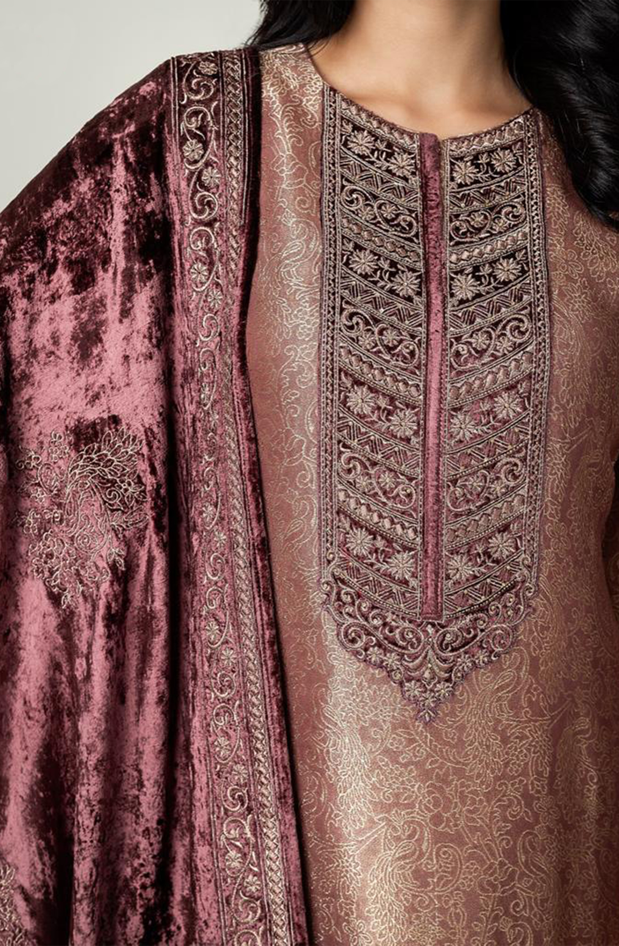 Brown Tissue Silk Salwaar Kameez with Embroidery and Handwork - R157-SPR1649A
