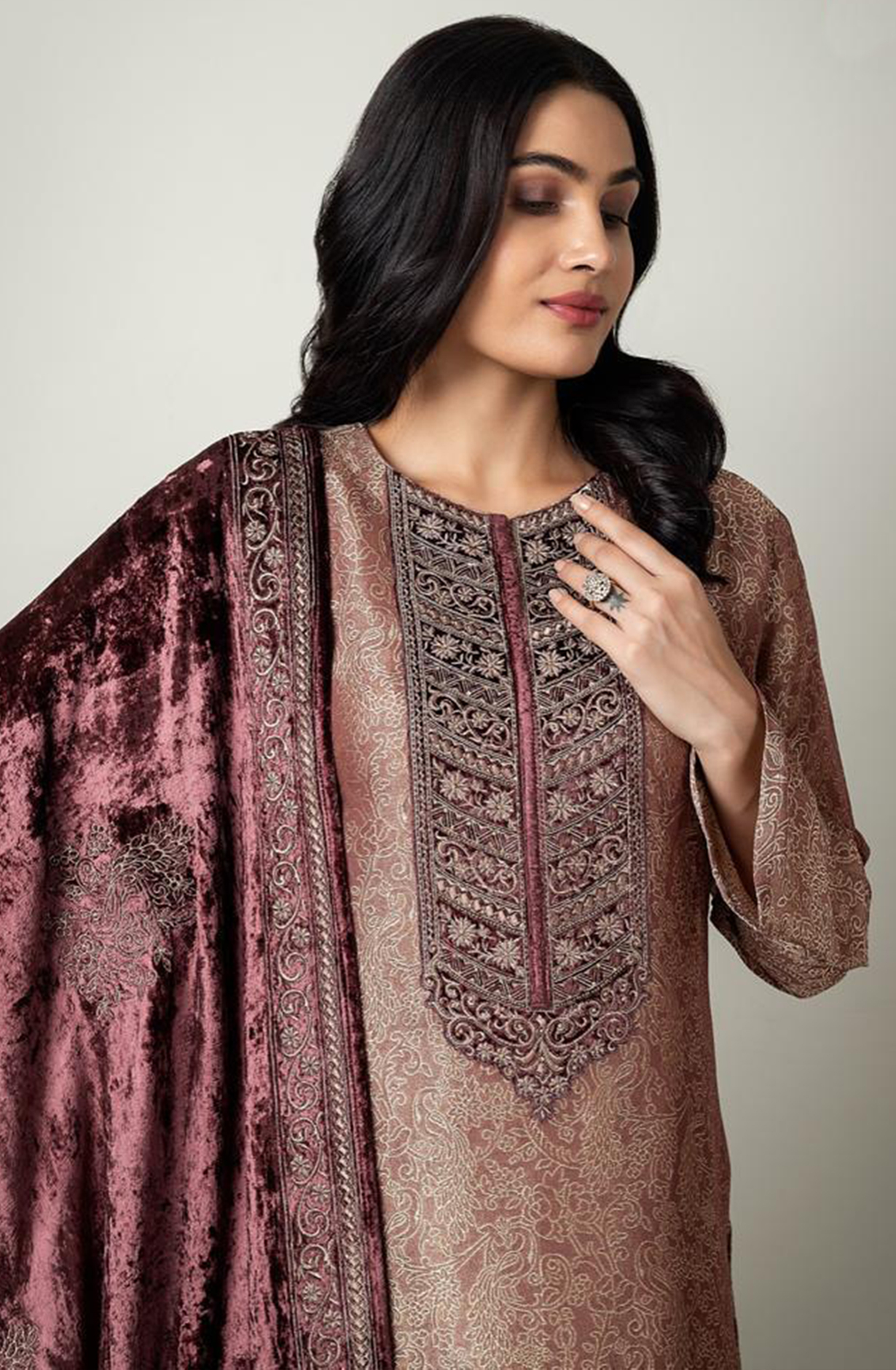 Brown Tissue Silk Salwaar Kameez with Embroidery and Handwork - R157-SPR1649A