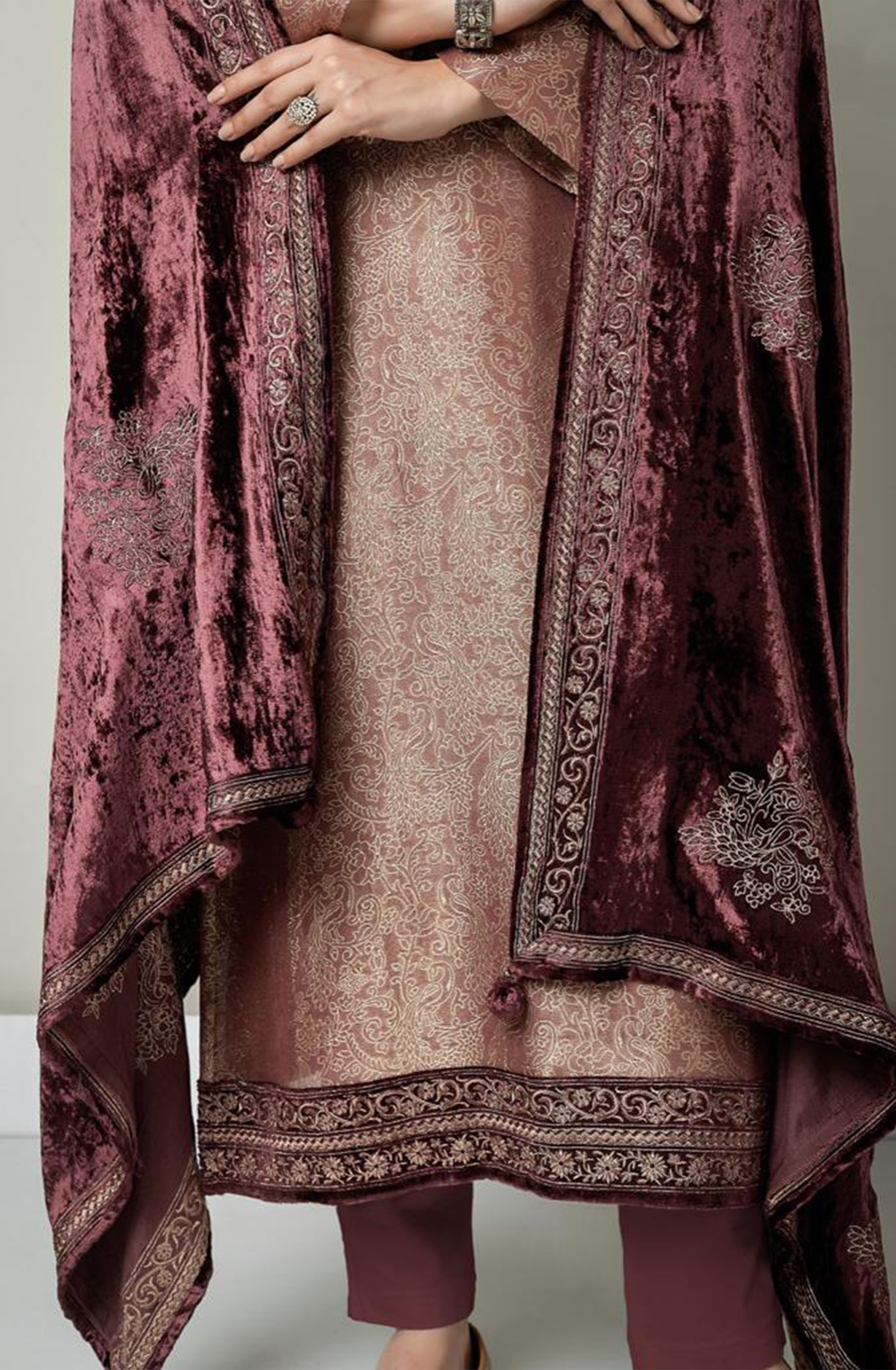 Brown Tissue Silk Salwaar Kameez with Embroidery and Handwork - R157-SPR1649A