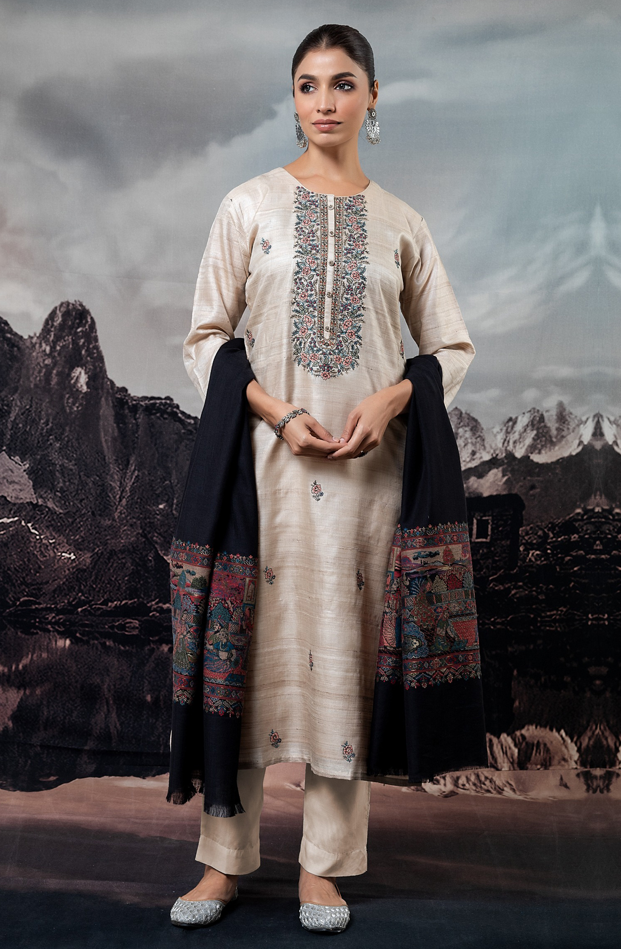 Beautiful Beige Pure Tussar Silk Suit with Pashmina Dupatta - R157-SPR1718A