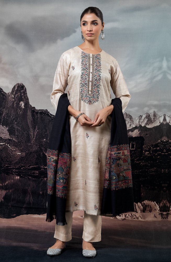 Beautiful Beige Pure Tussar Silk Suit with Pashmina Dupatta - R157-SPR1718A