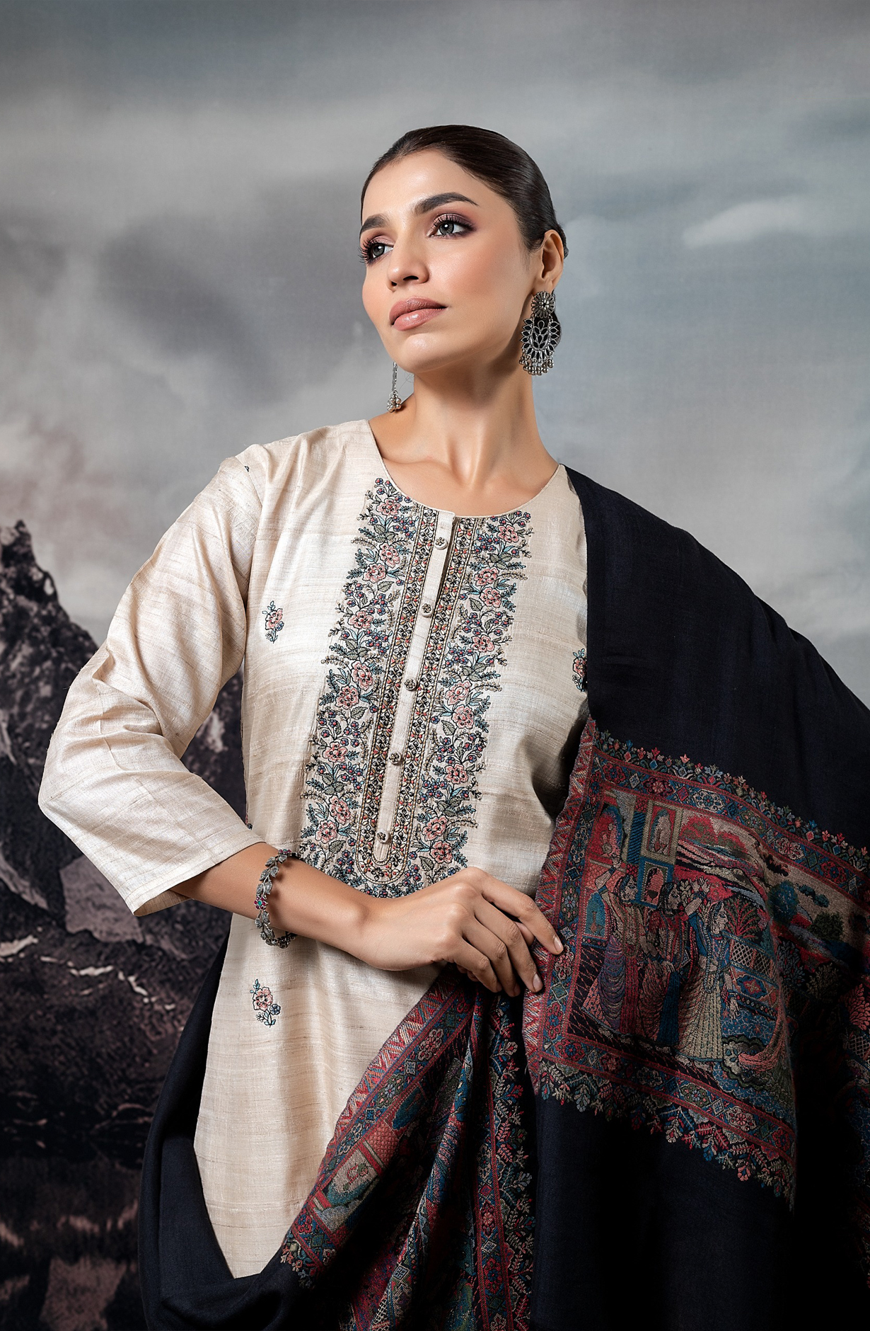 Beautiful Beige Pure Tussar Silk Suit with Pashmina Dupatta - R157-SPR1718A