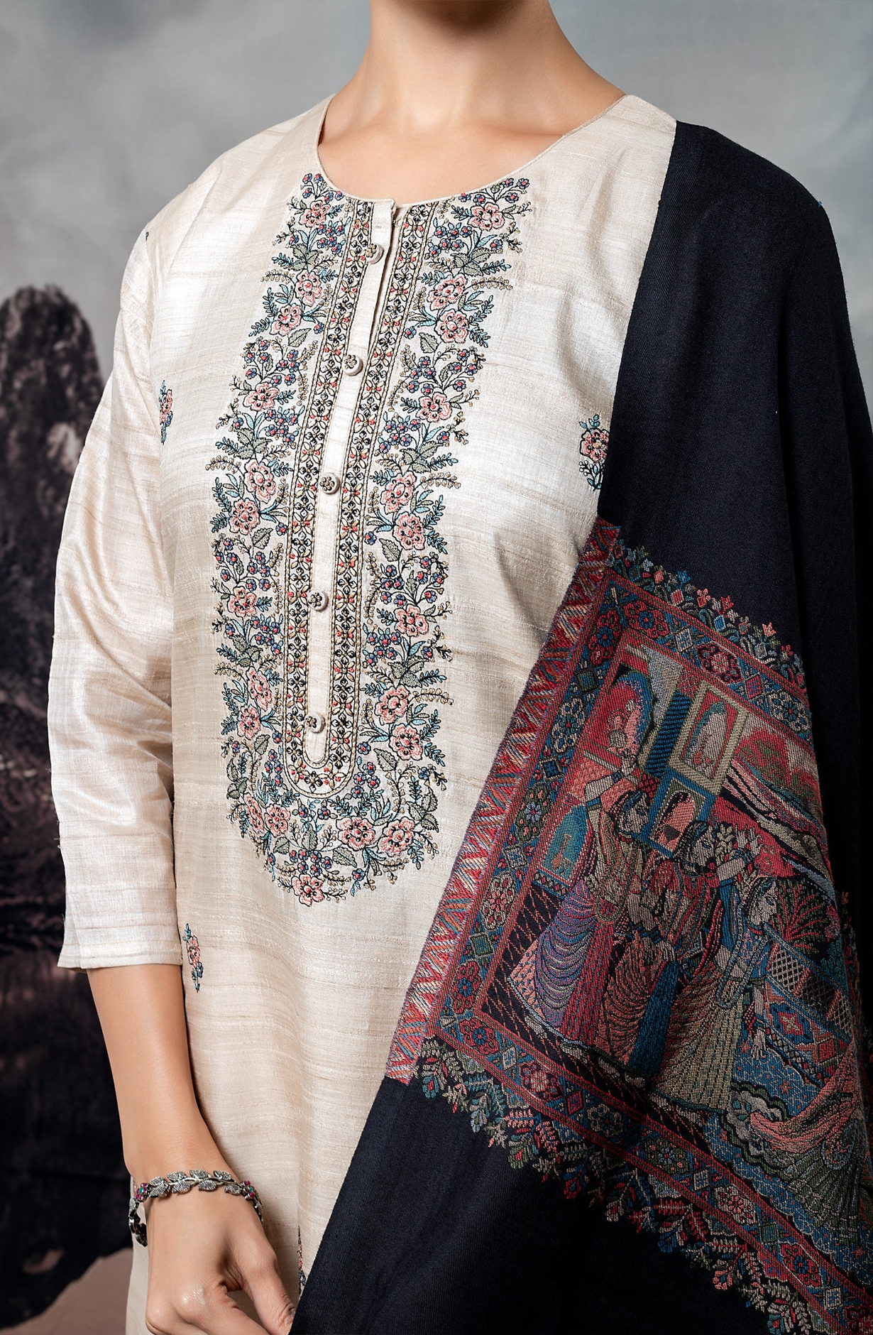 Beautiful Beige Pure Tussar Silk Suit with Pashmina Dupatta - R157-SPR1718A