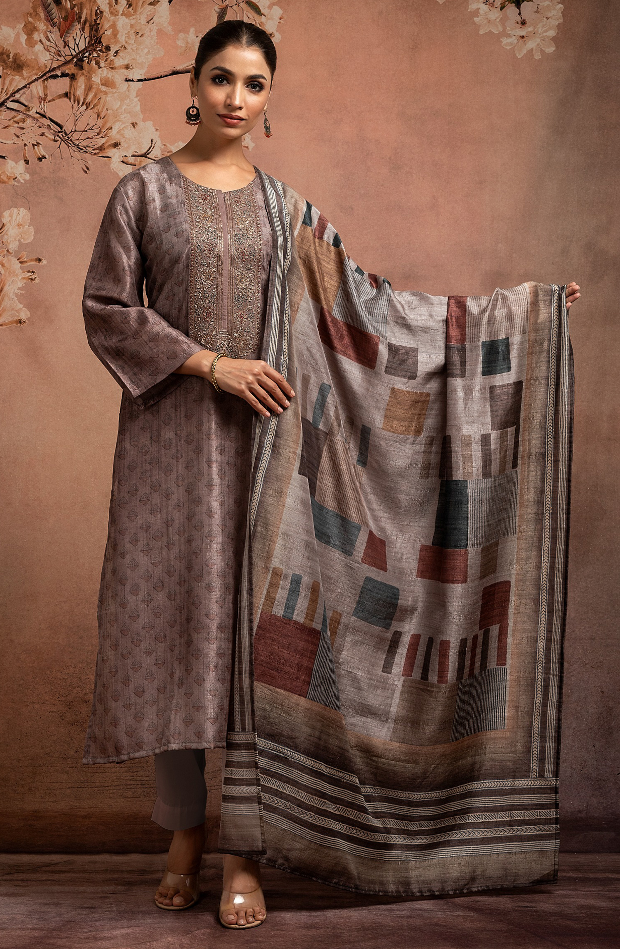 Designer Mauve Tussar Silk Unstitched Salwar Kameez with Dupatta - R157-SPR1720B