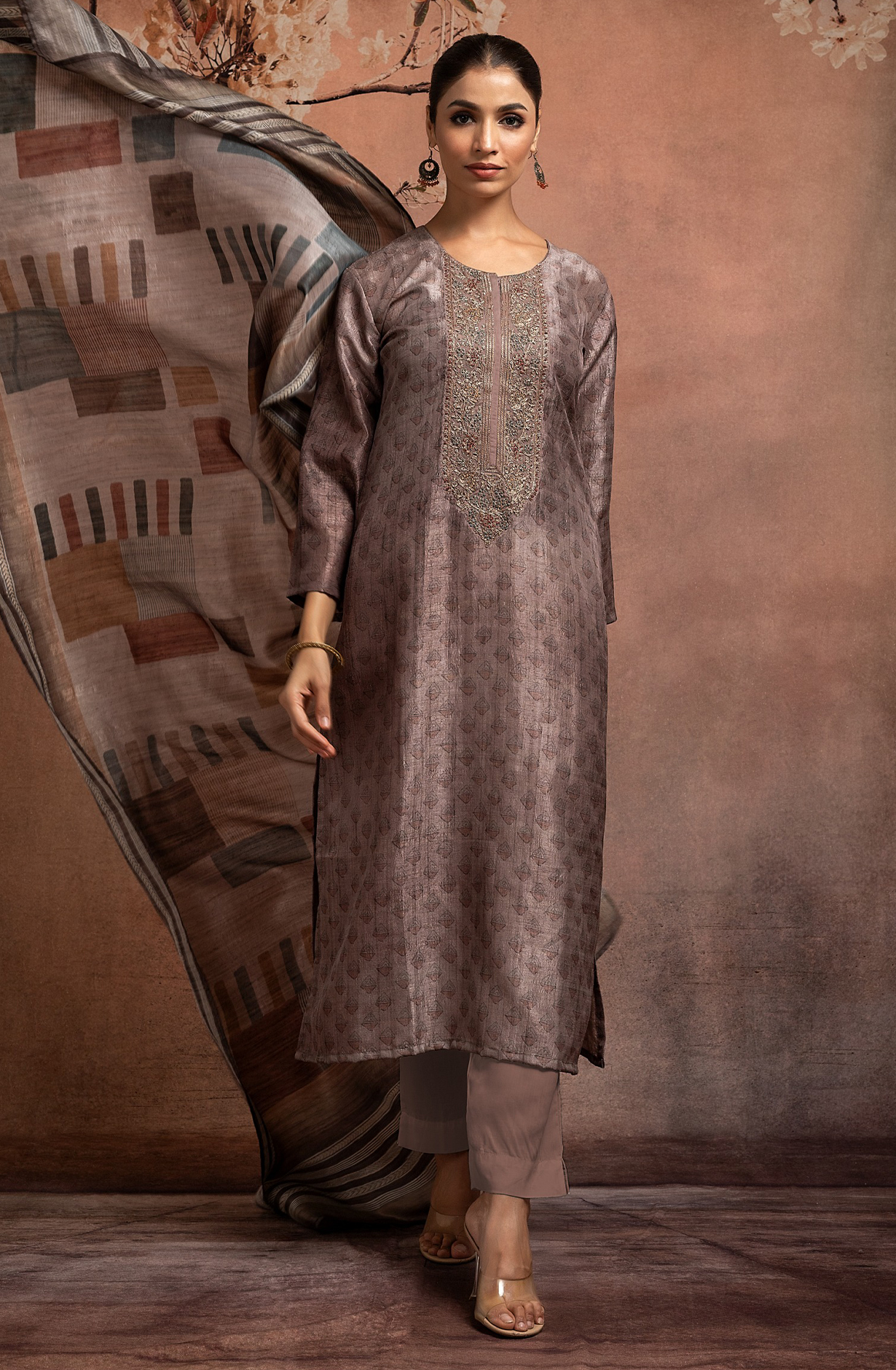 Designer Mauve Tussar Silk Unstitched Salwar Kameez with Dupatta - R157-SPR1720B