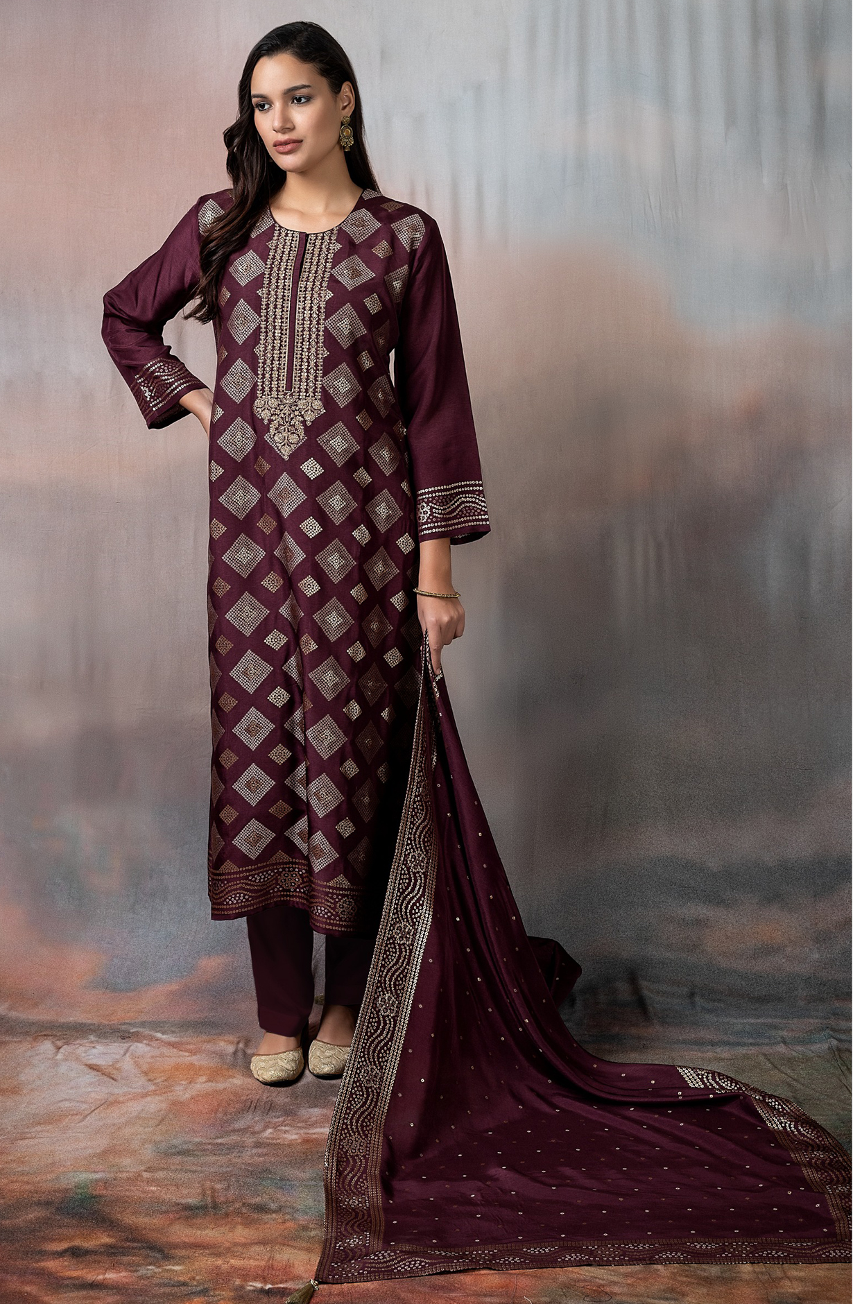 Designer Wine Pure Silk Salwar Kameez with Dupatta - R157-SPR1723