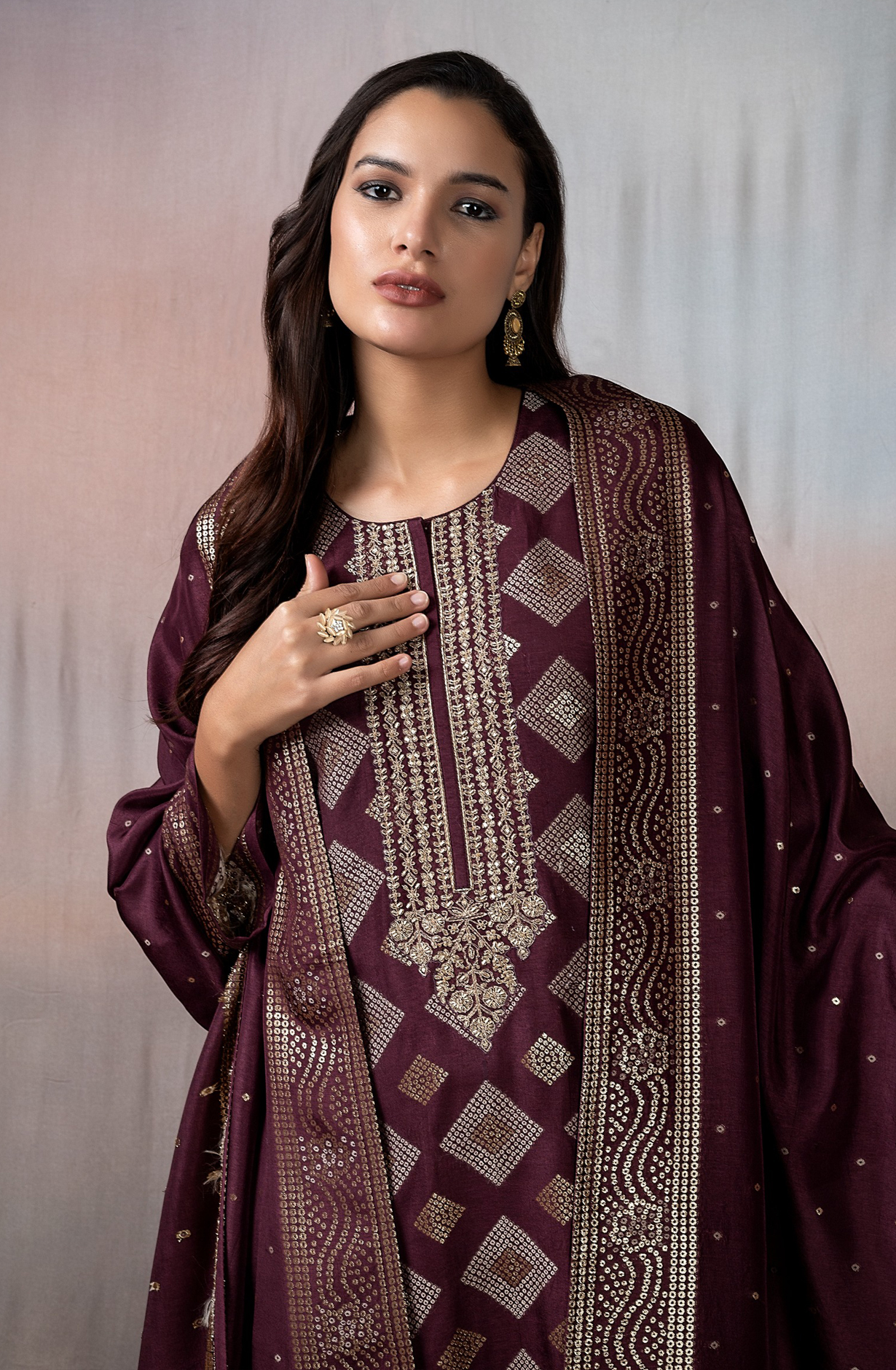 Designer Wine Pure Silk Salwar Kameez with Dupatta - R157-SPR1723