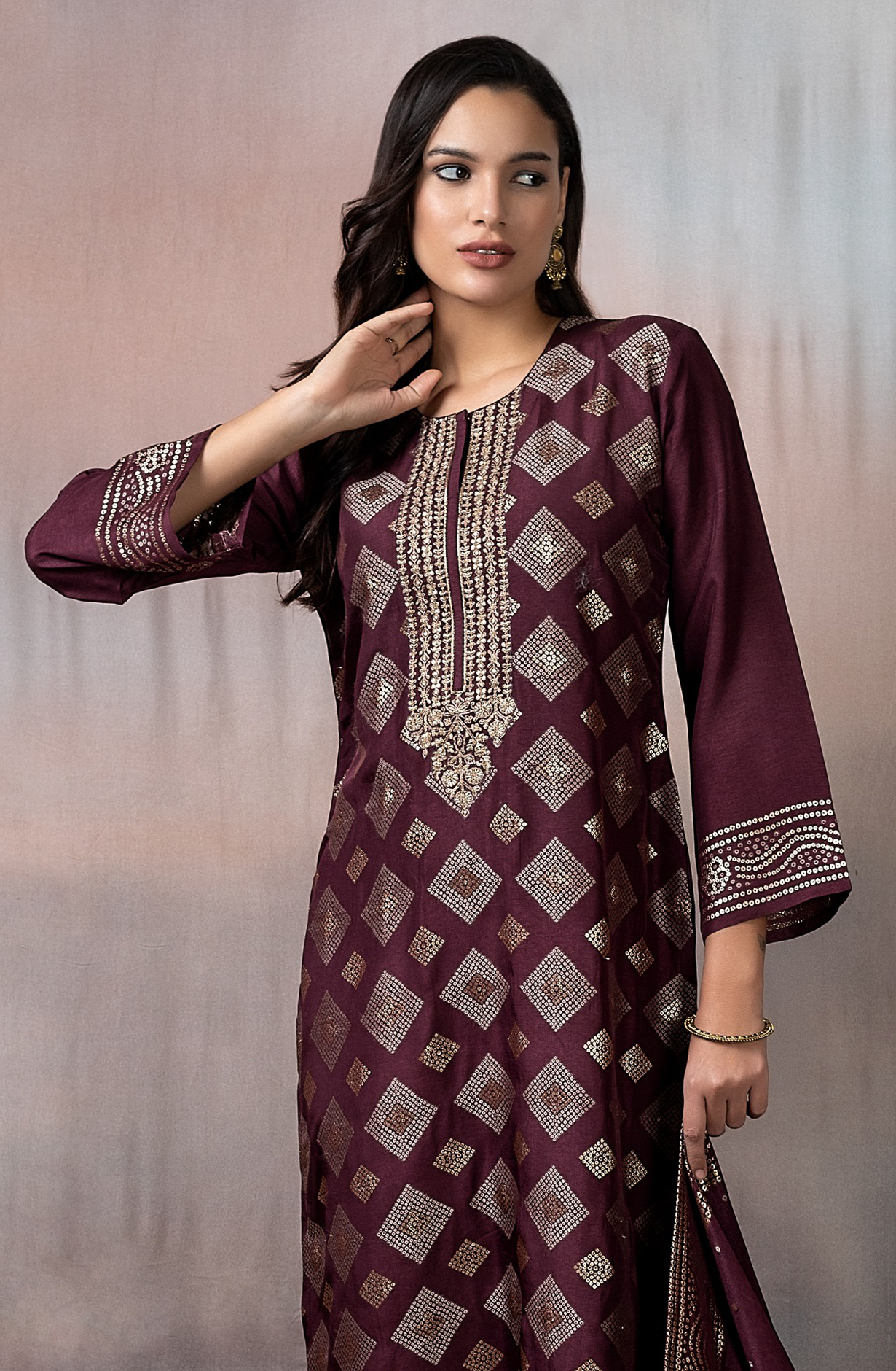 Designer Wine Pure Silk Salwar Kameez with Dupatta - R157-SPR1723