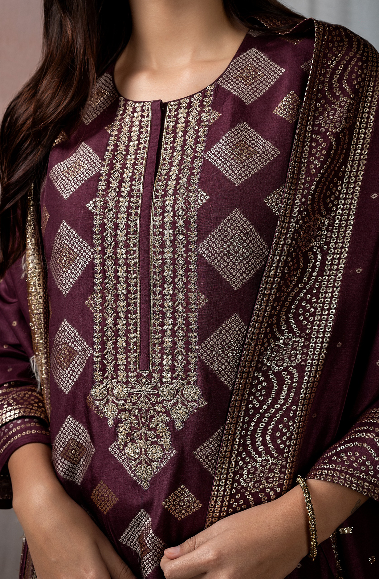 Designer Wine Pure Silk Salwar Kameez with Dupatta - R157-SPR1723