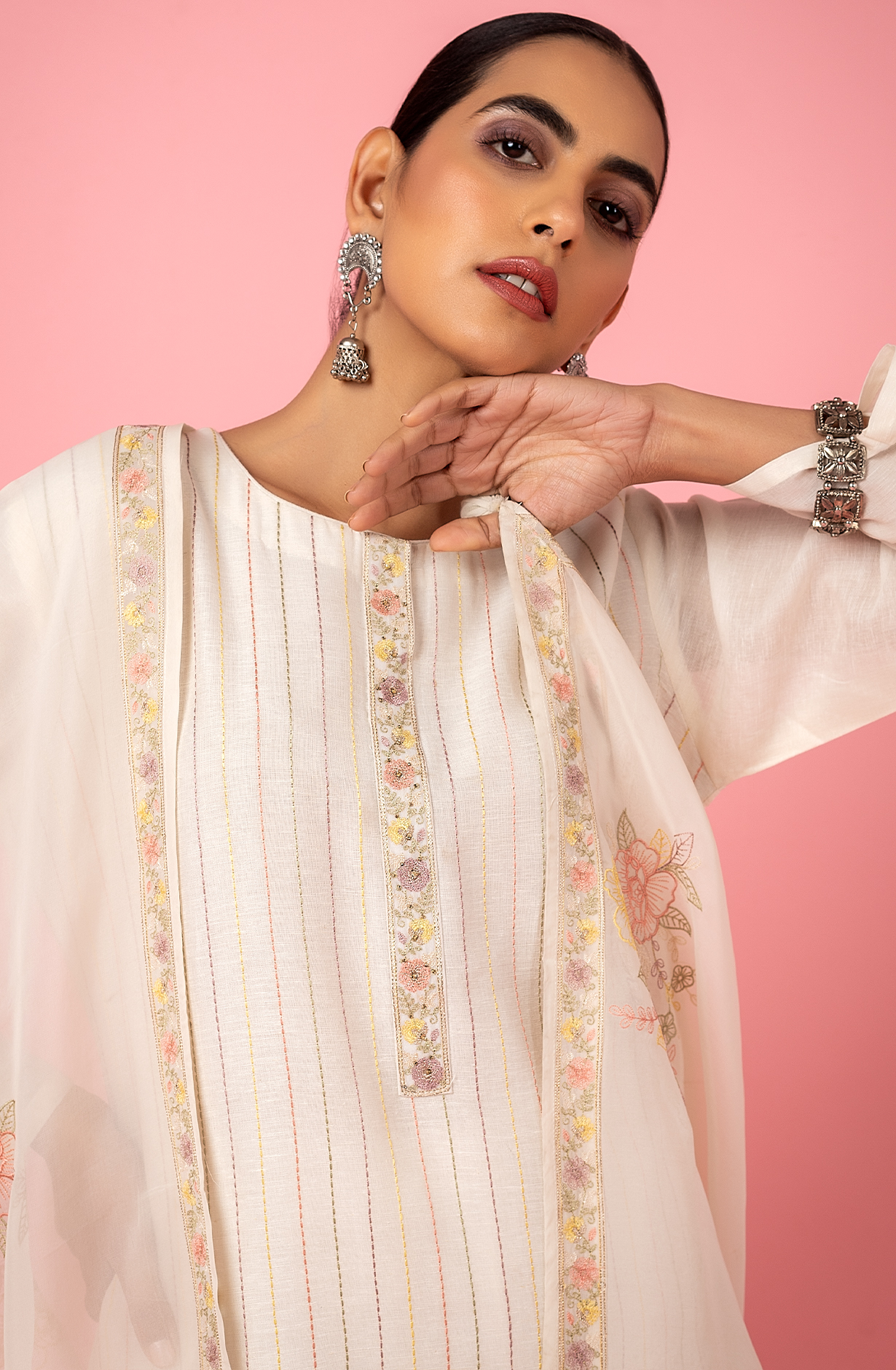 Off-white Linen Suit with Beautiful Organza Dupatta - R157-SPR1774A