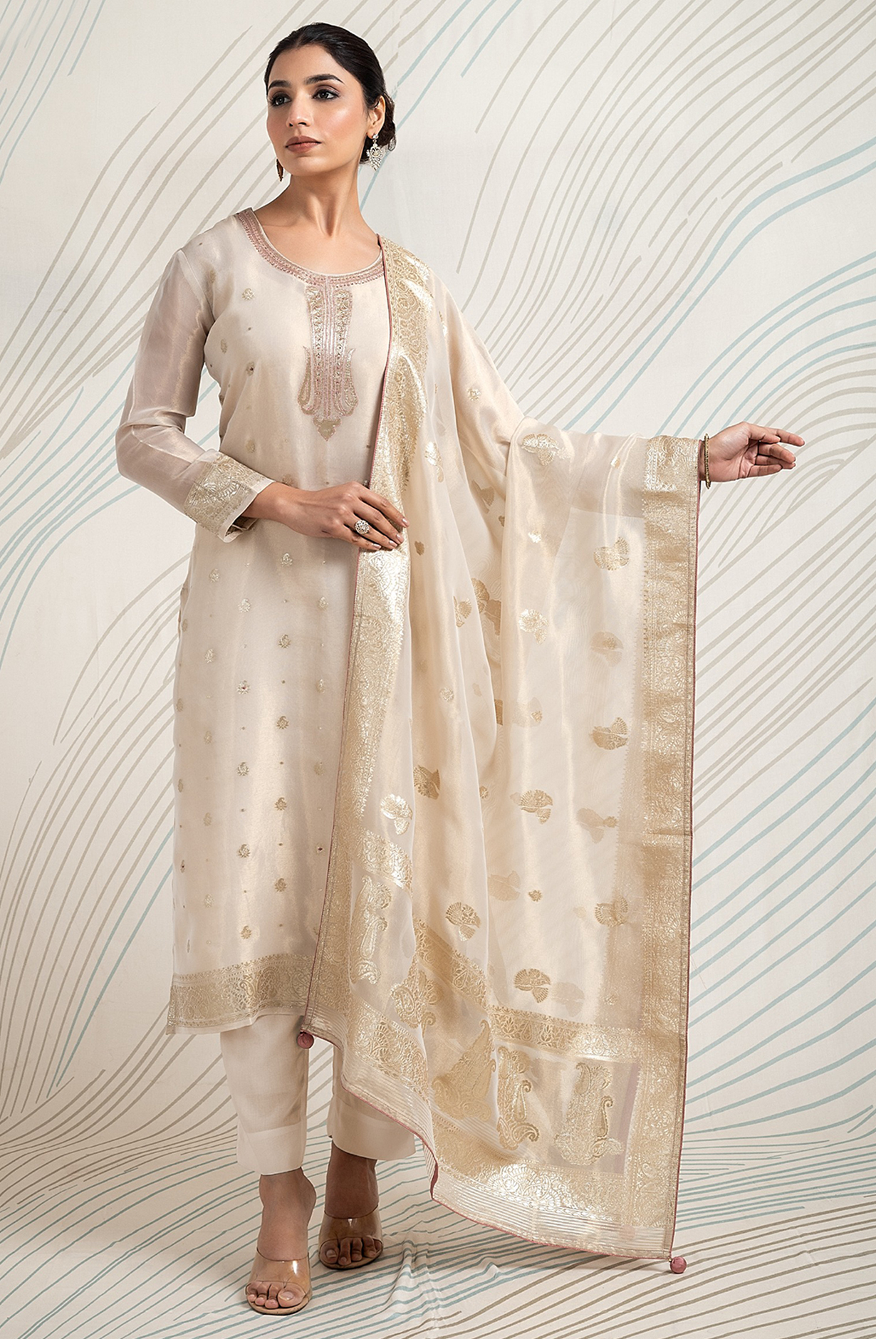 Beige Beautiful Tissue Silk Festive Salwar Kameez - R157-SPR1779
