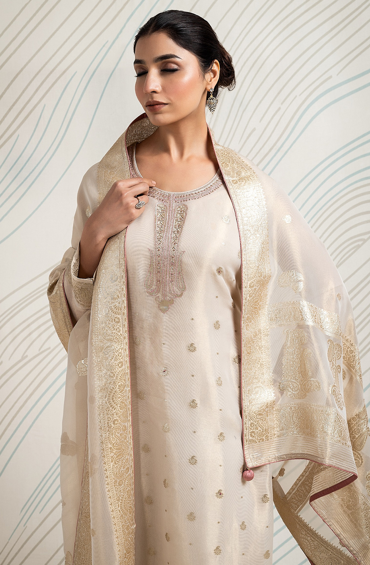 Beige Beautiful Tissue Silk Festive Salwar Kameez - R157-SPR1779