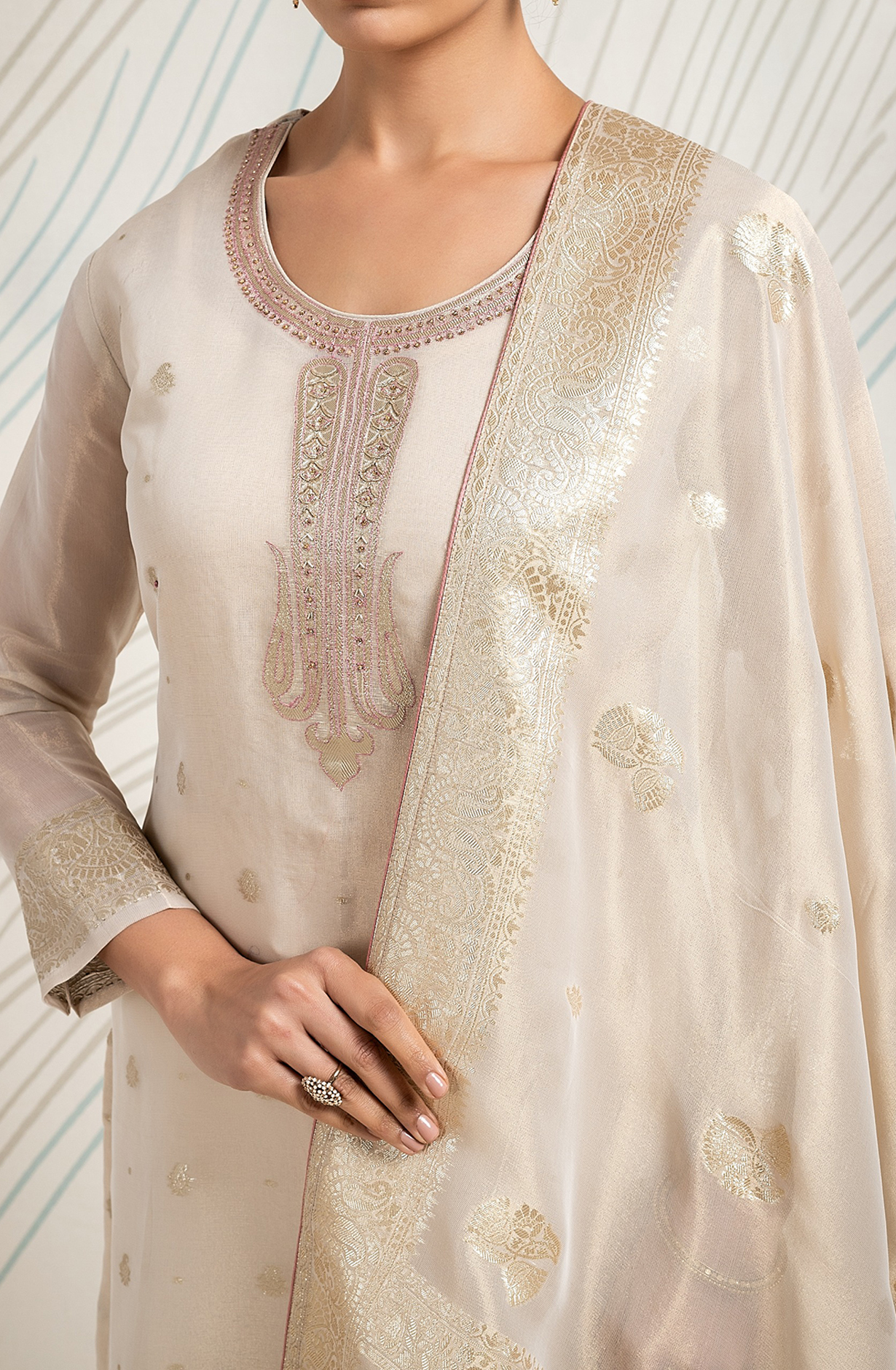 Beige Beautiful Tissue Silk Festive Salwar Kameez - R157-SPR1779