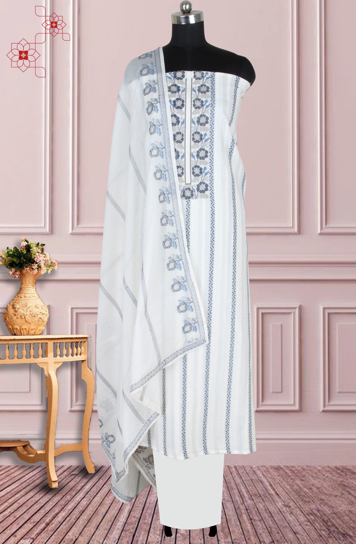 White and Blue Cotton Woven Unstitched Suit with Trendy Dupatta - R157-SPR1781